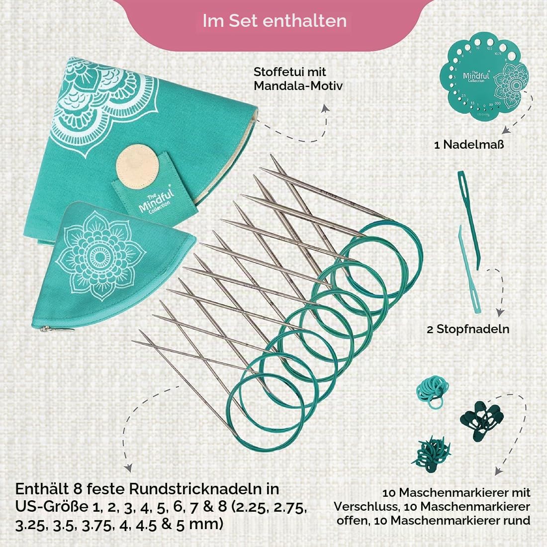 KnitPro Das Mindful Kollektion Serenity Rundstricknadel Set 40" (100cm) I 8 Größen (2,25mm bis 5mm)