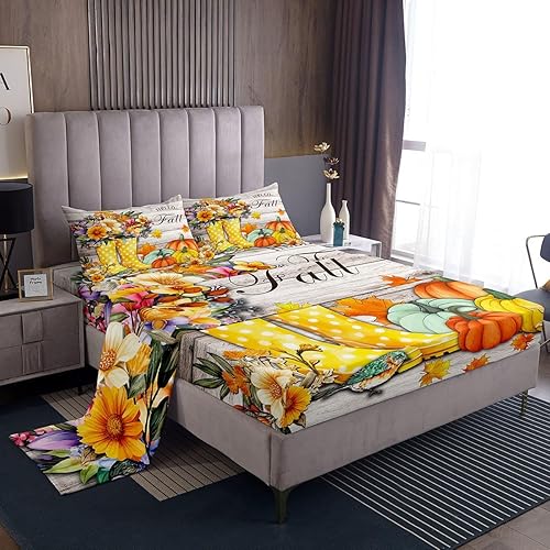Miniatura 1 de Manfei Juego de sábanas de otoño tamaño matrimonial, juego de sábanas de 4 piezas con sábana bajera de bolsillo profundo + sábana encimera + 2