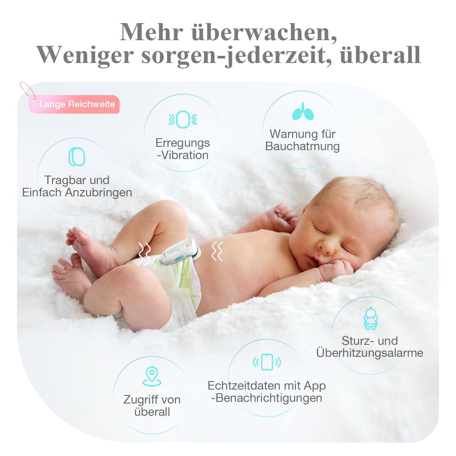 Sense-U Pro Baby-Bewegungsmonitor (große Reichweite): Erfasst Bewegung, Umdrehen & Temperatur überall, mit Vibrationswecker, akustischen Alarmen & Schlaferfassung