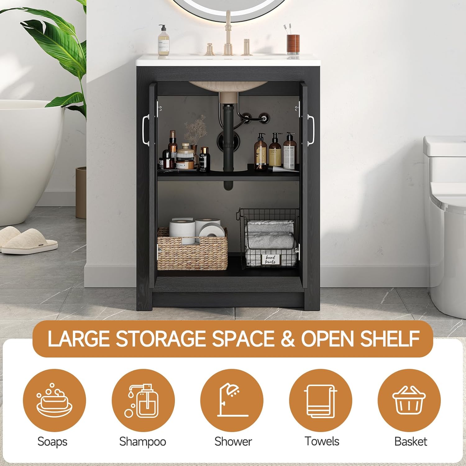 Modernmate Bathroom Vanity with Ceramic Sink, 24 Inch Bathroom Vanities with 2 Soft-Close Door & Metal Handle, Modern Single Sink Vanity with Adjustable Shelf, Thickened Wood Storage Cabinet