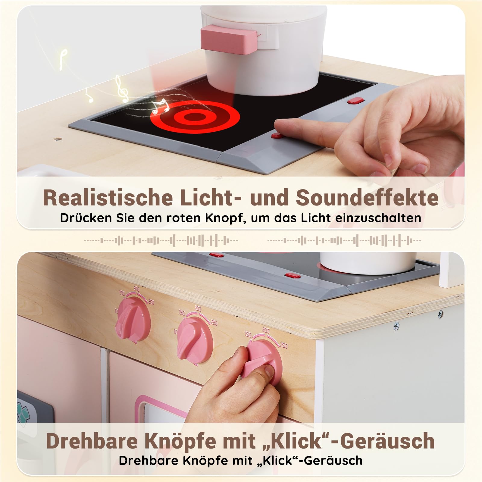 SainSmart Jr. Kinderküche Holz Spielküche Rosa, Sound & Licht, Mädchen ab 3 - 75 Characters