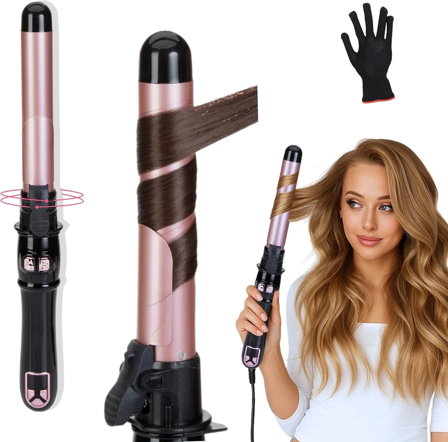 Rotating Curling Iron– 1.1-Inch Self Curling Iron, Auto Shut-Off, Fast-Heating Automatic Hair Curler Dual Voltage for All Hair Types (Rose Gold)