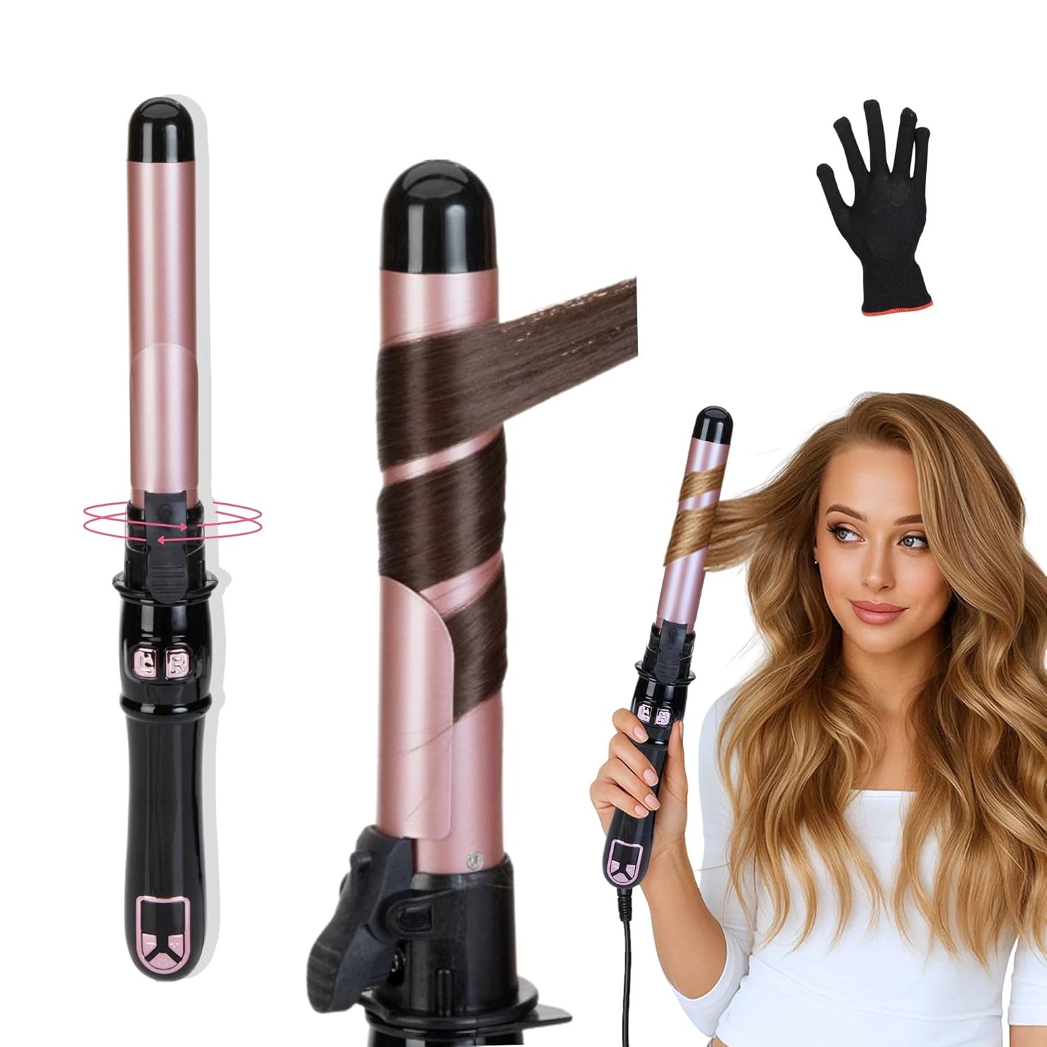 Rotating Curling Iron 1 1-Inch Self Curling Iron Auto Shut-Off Fast-Heating Automatic Hair Curler Dual Voltage for All