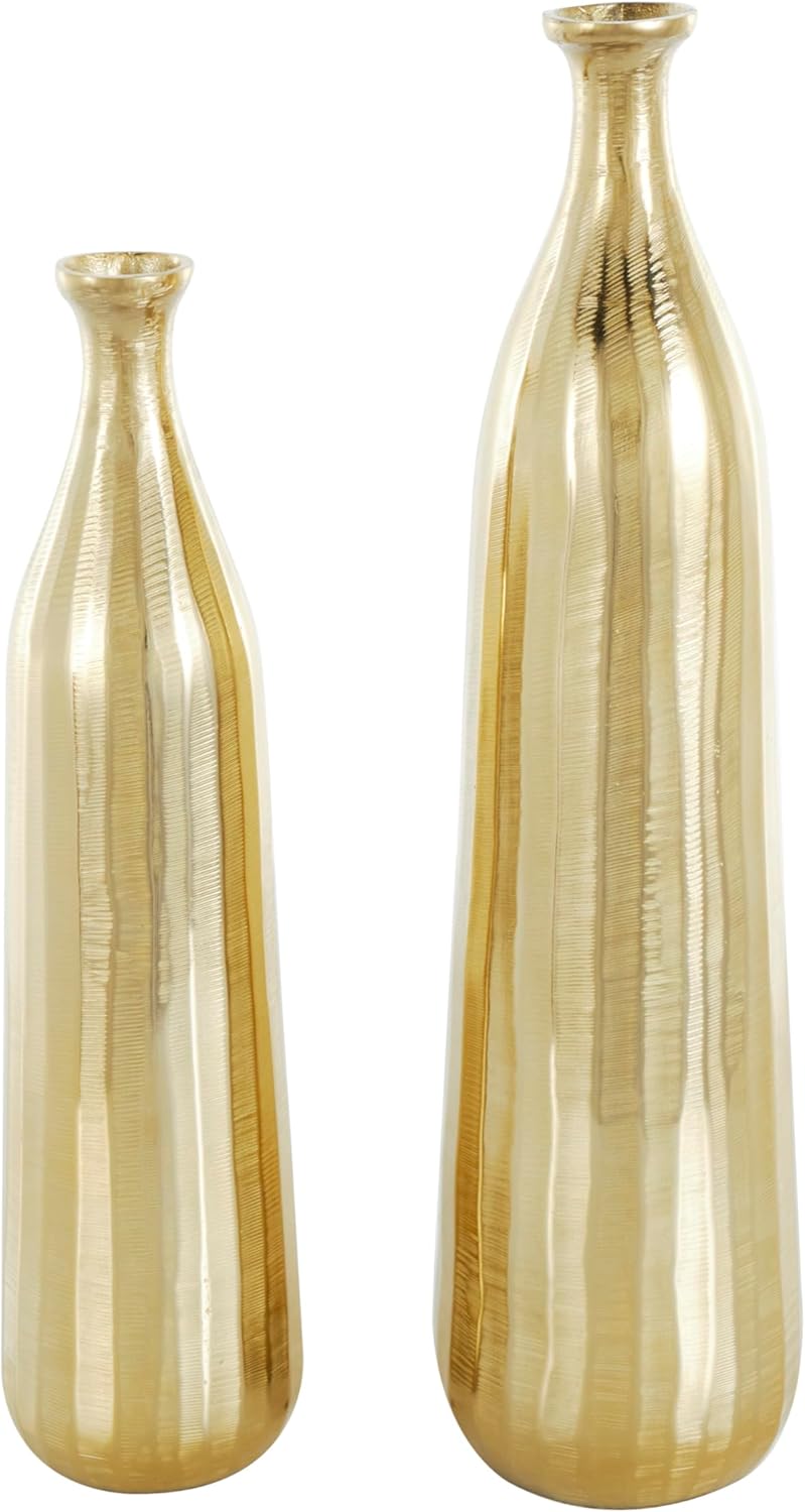 Deco 79 Aluminum Metal Decorative Vase Centerpiece Vases with Wavy Accents and Textured Ridges, Set of 2 Flower Vases for Home Decoration 20", 16" H, Gold