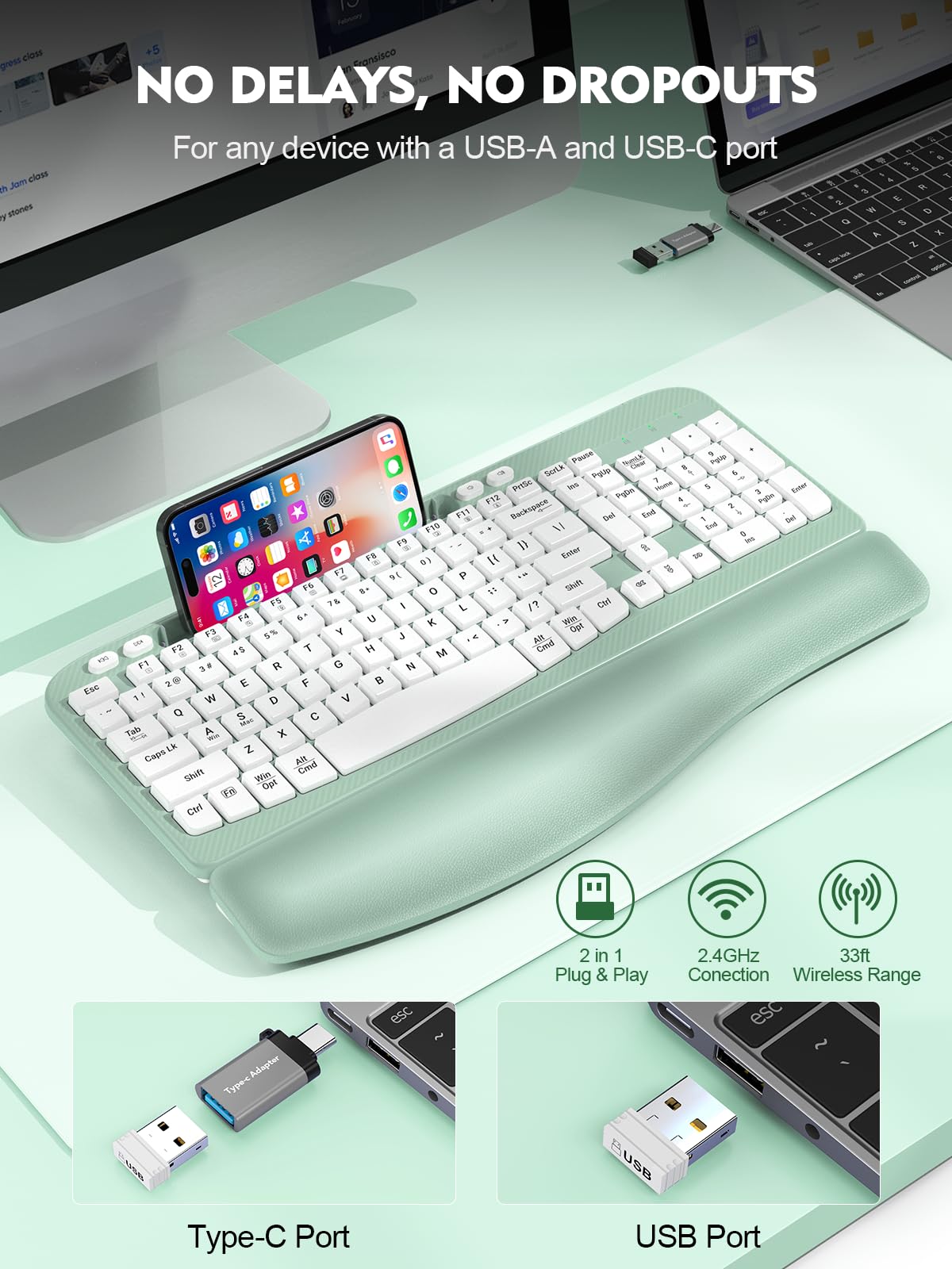 EAYBLLY Wave Keys Bezprzewodowa ergonomiczna klawiatura z amortyzowanym podparciem dłoni, wygodne naturalne pisanie, do dużych dłoni, 2,4 GHz, pełnowymiarowa bezprzewodowa klawiatura komputerowa USB