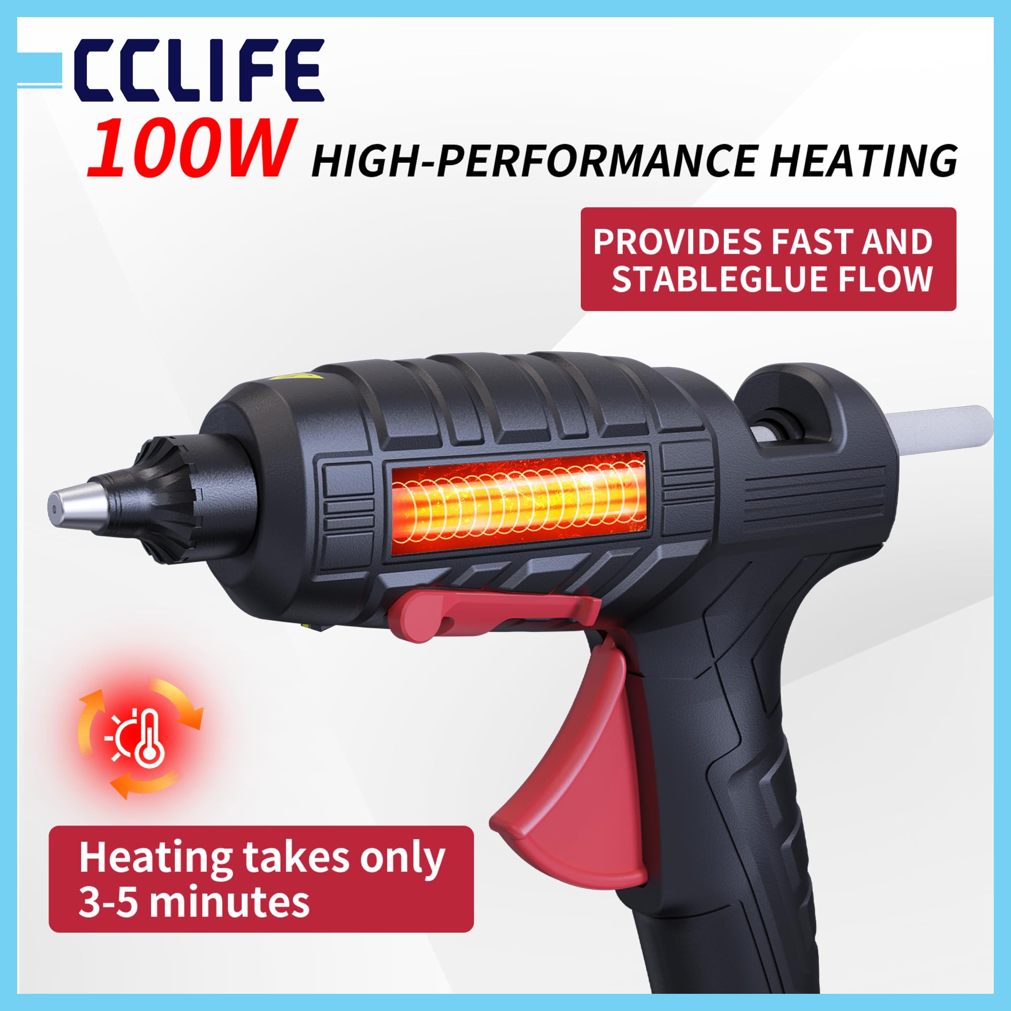 CCLIFE Pistola de pegamento caliente, 100 W, 30 barras de pegamento caliente | Válvula de goteo plegable, calentamiento de 3-5 minutos, 10-16 g/min, madera/plástico, cartón, bricolaje