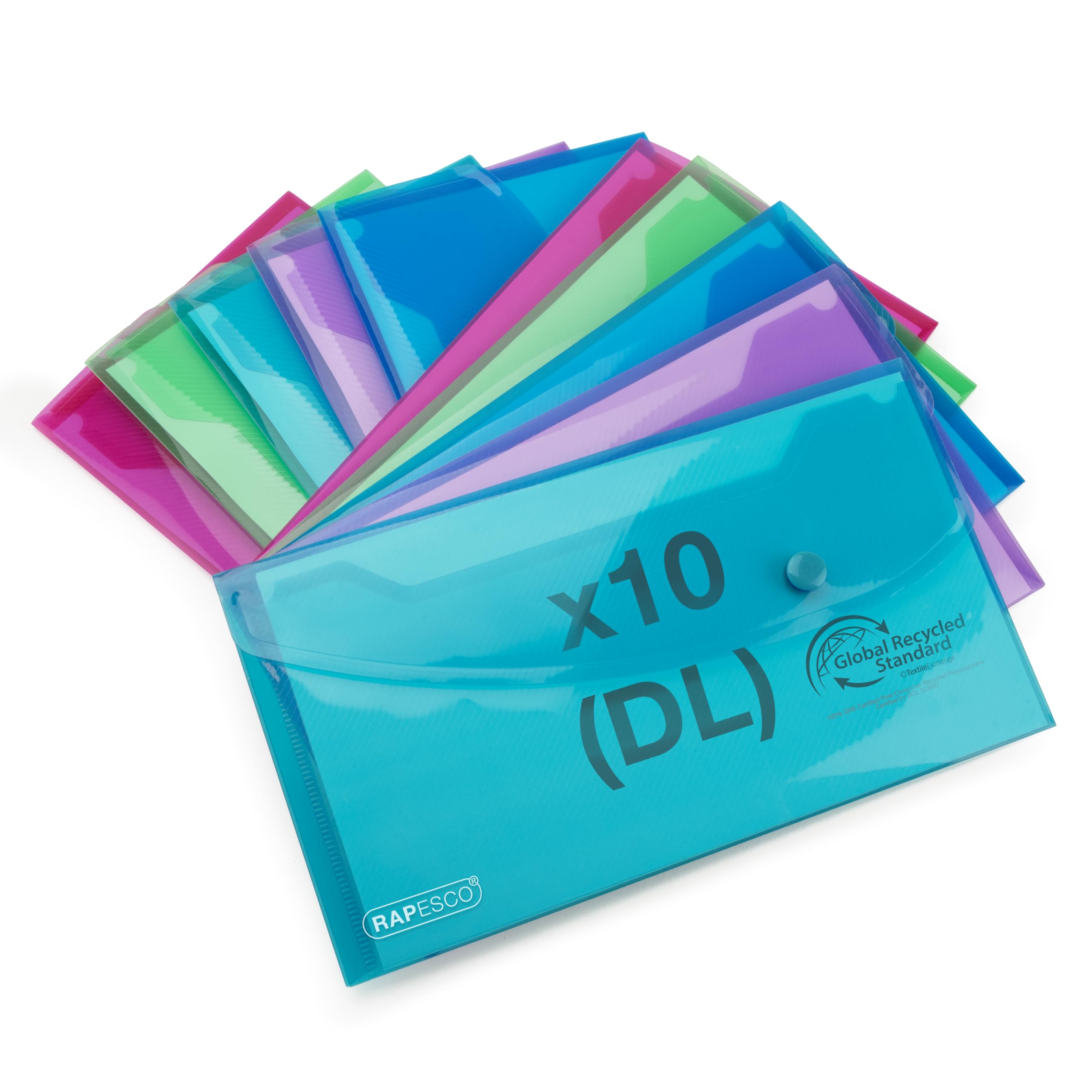 Rapesco 1844 ECO Recycled Popper Wallets, DL, Assorted Bright Transparent Colours, Pack of 10