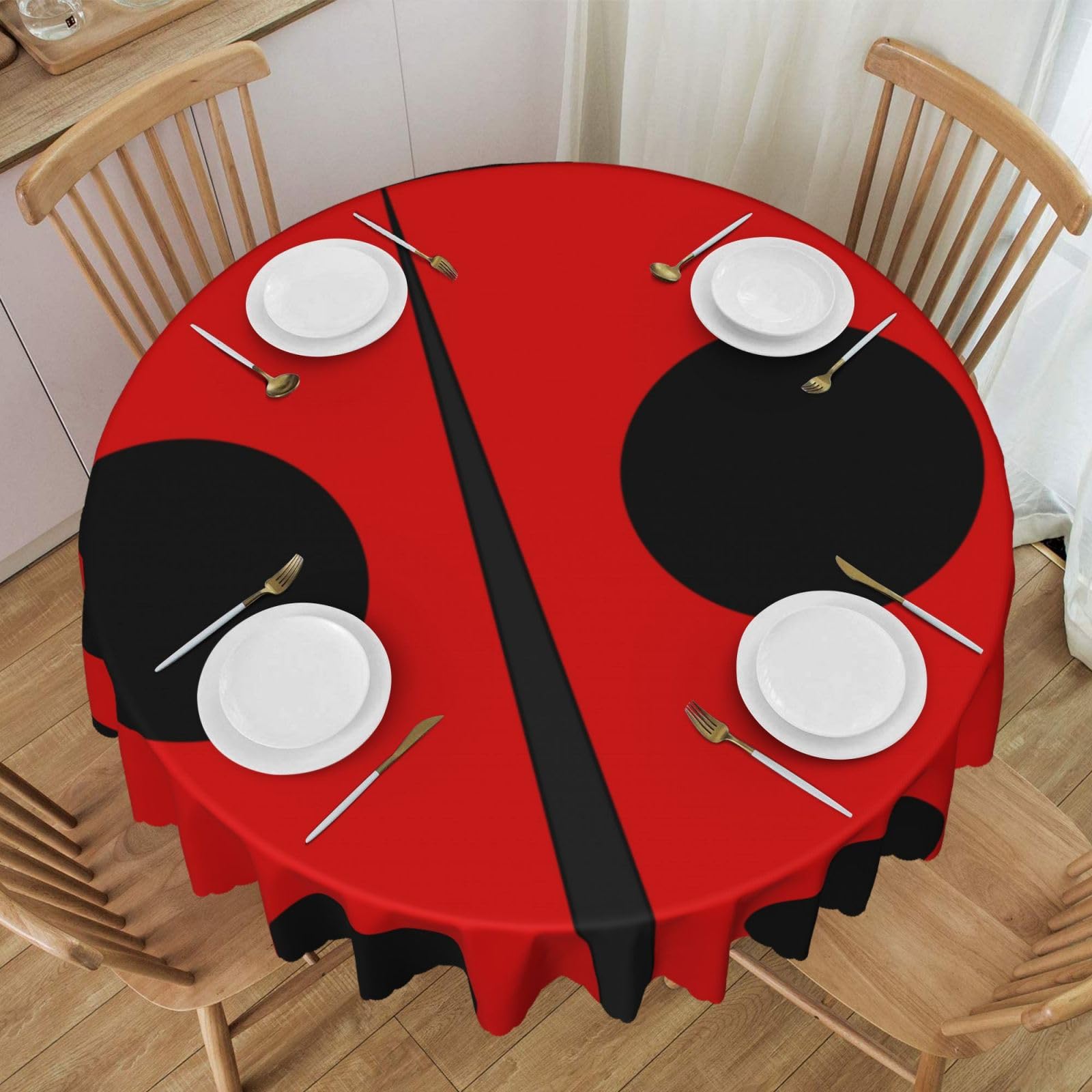 DCEHGEW 60 In Round Tablecloth with Lace, ladybug Printed Oilproof & Washable Fabric Picnic Table Cloth Table Covers