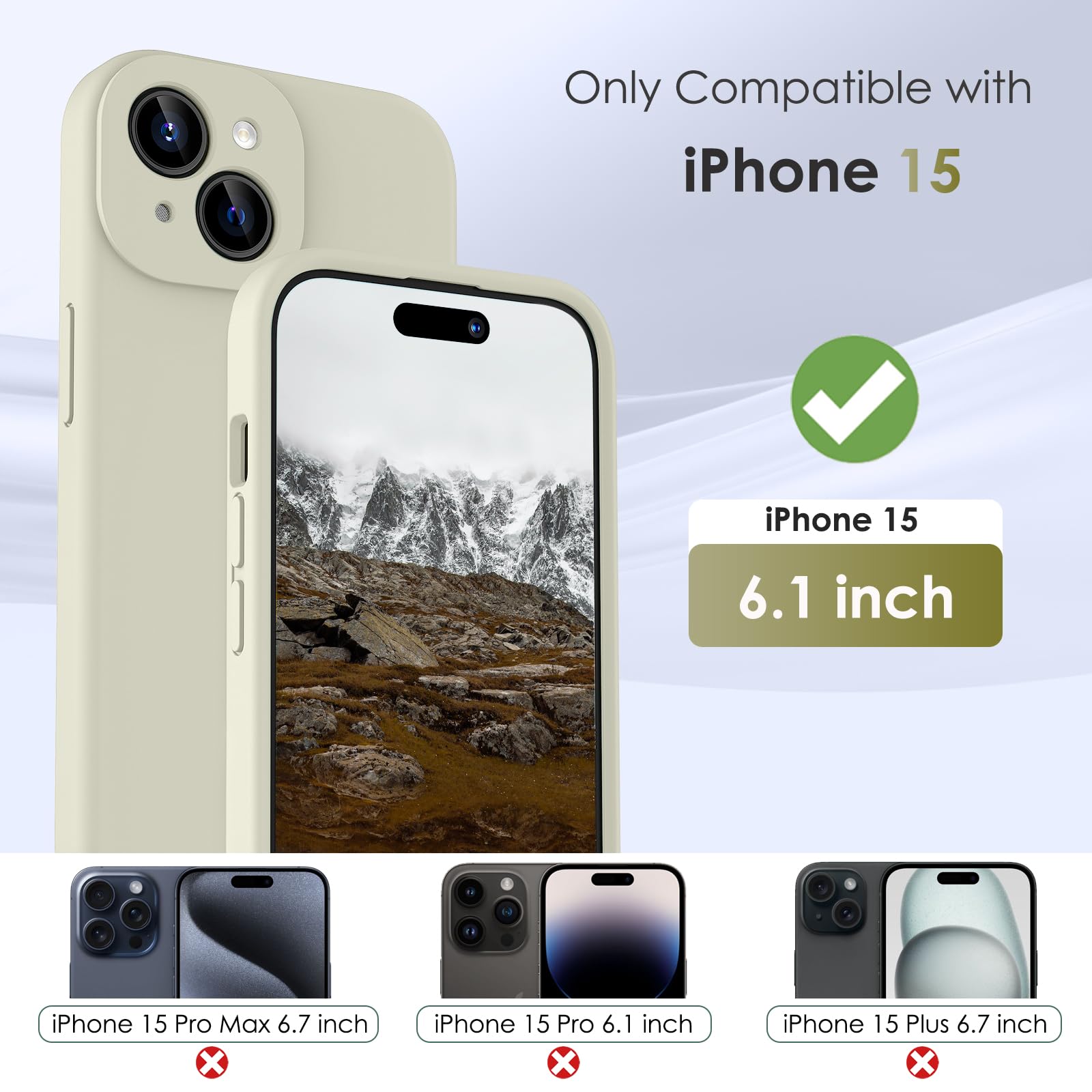 CALOOP Slim-Fit for iPhone 15 Case,Skin Soft Liquid Silicone,Sturdy Hard Frame Shockproof Cover with Anti-Scratch Microfiber Lining,Full Protection for Screen and Lens,6.1 inch (Stone) - Image 2