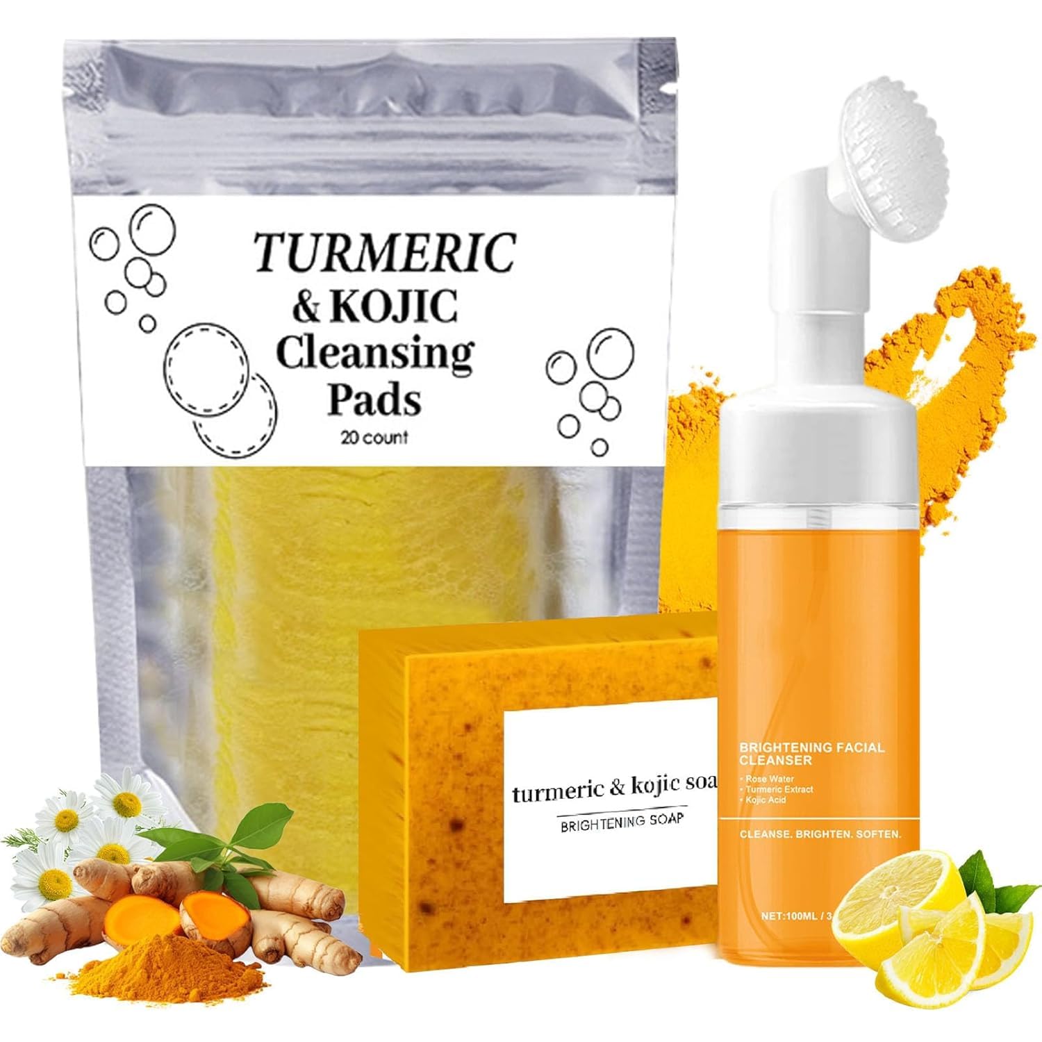 Turmeric Wash and Care 3 Piece Set, Turmeric Trio: Facial Wash, Cleansing Mousse & Soap for Skin Care, Cleansing Exfoliating Pads, for All Skin, for Face & Body (1 Set)