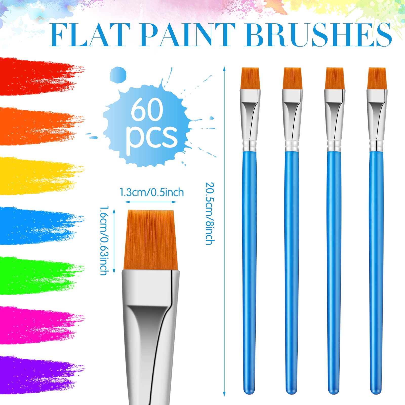 60 pinceles planos de pintura acrílica a granel, pinceles anchos para pintura de artista, pintura al óleo, acuarela, pintura artística para niños y adultos (1/2 pulgada)