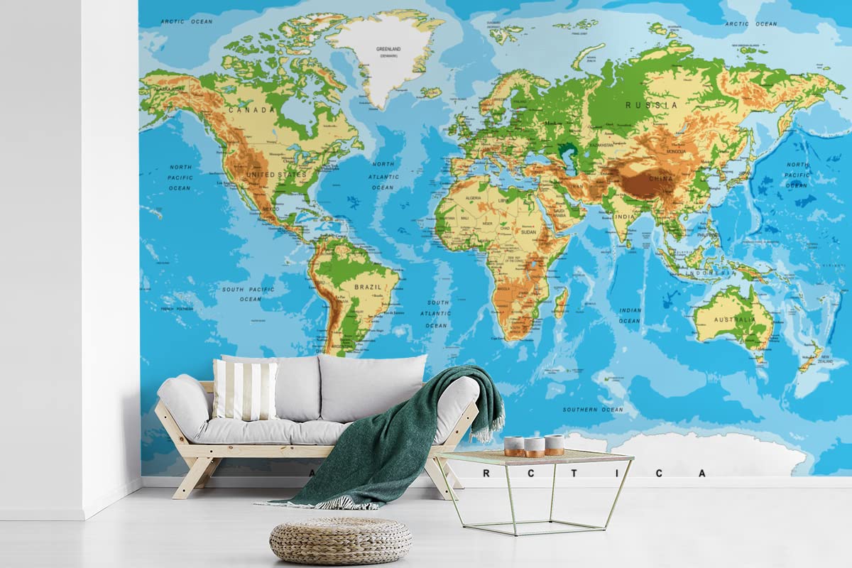 Selbstklebend Tapete Wandpapier Wandaufkleber Fototapete Tapeten Wanddeko 330x220 cm Weltkarte - Atlas - Farben - Kinder - Jungen - Mädchen