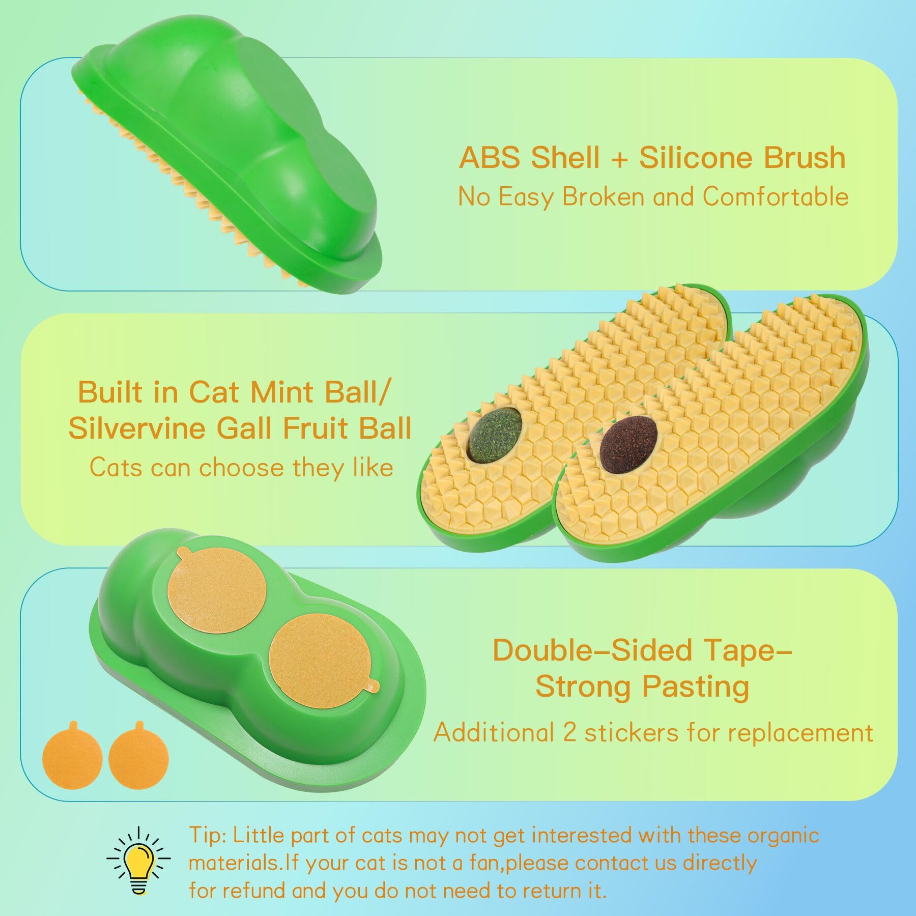 SEVENKA 2 Cat Toys Self-Grooming Cat Brush with 3 Catnip Balls & 3 Gall Fruit, Kitty Kitten Scratcher Self Groomer Catnip Toys for Indoor Cats, Chew Toys Wall Corner Brushes Edible Wall Treats, Yellow - image 5