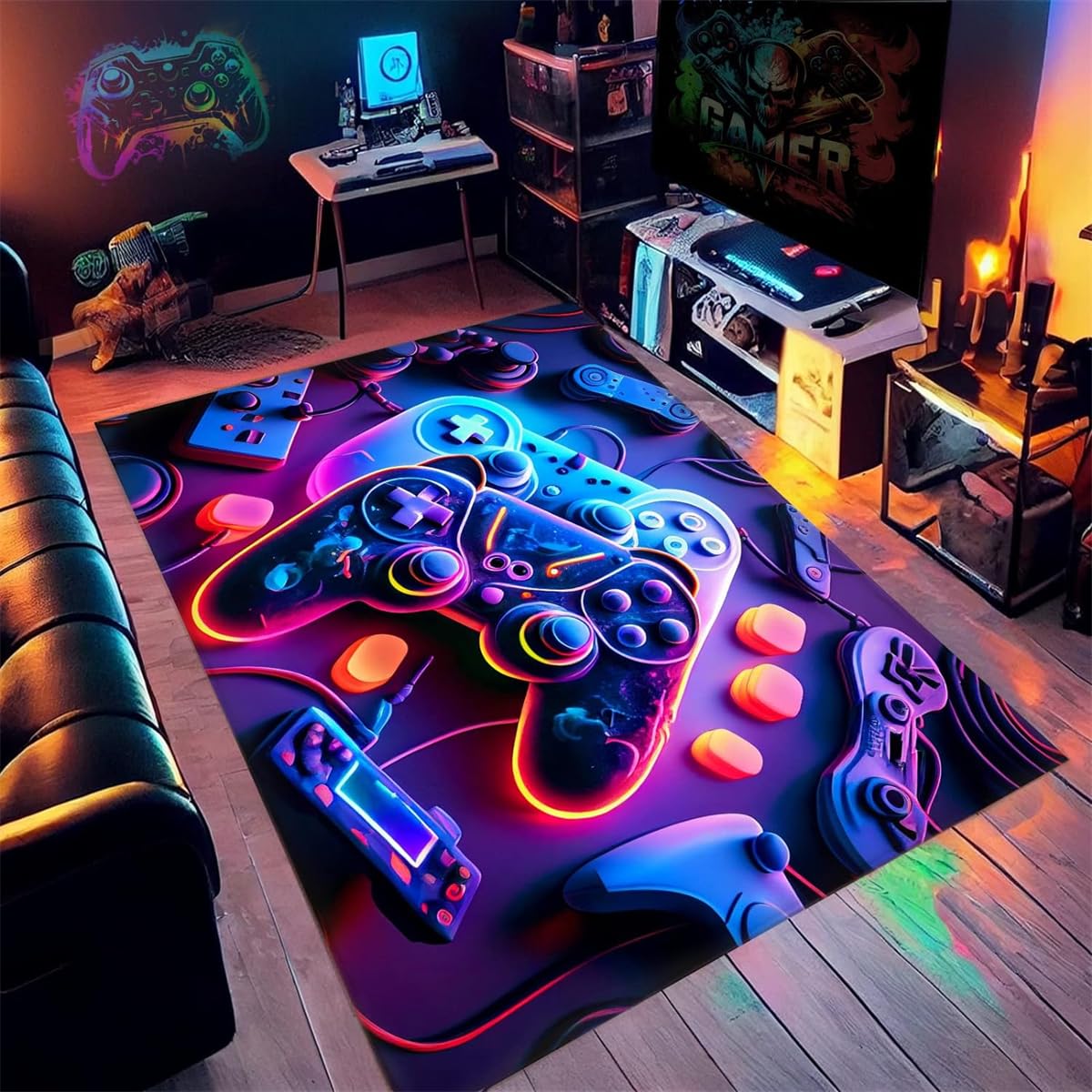 Alfombra Habitacion Juvenil Niños Alfombra Gamer Suelo 3D Neón Estrella Hip Hop Graffiti Gamepad Gamer Hombres Adolescente Alfombras Infantil Videojuego Alfombrilla Antideslizante (Navy,120x180cm)