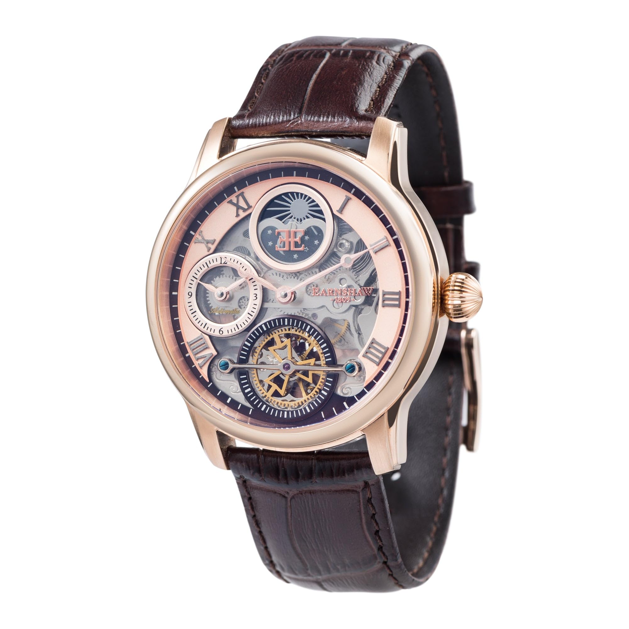 Thomas Earnshaw Reloj de pulsera para hombre ES-8063, 44 mm de longitud, doble hora, automático, esqueleto con correa de cuero genuino