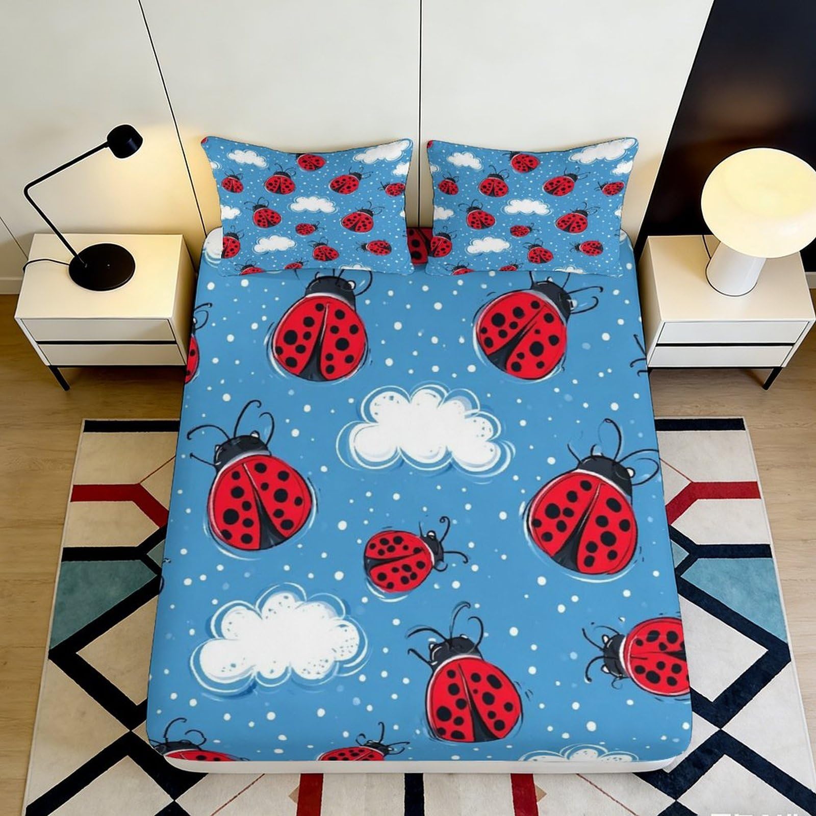Jqzkxnhpbr Style-5 3D Printed Ladybug Cloud Fitted Sheet Microfiber Soft Blue Cartoon Bed Cover For Bedroom Guestroom Mattress Protection Decor 90X200x25cm