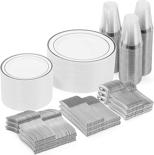 Vista 43 de Goodluck 150 platos desechables dorados para 25 invitados, fiesta de plástico, boda, juego de vajilla de platos llanos, cucharas de ensalada