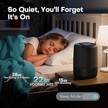 2 Packs of Air Purifiers for Home Bedroom, High Efficience Filter for Dust Pollen Smoke Odors, with Fragrance Sponge Night Light Vital Breeze Timer 22dB, Office Desktop Small Room, DH-JH12 Black