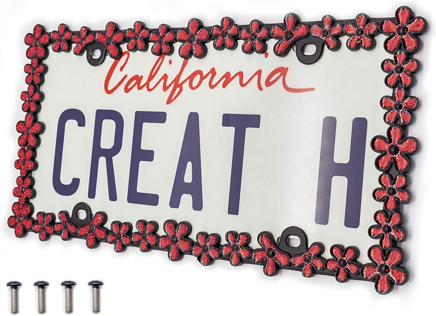 Creathome 3D Shining Daisy Wrenth License Plate Frame from Pure Zinc Alloy Metal Perfect Plate Holder,Matt Black with Red Glitter - Image 2