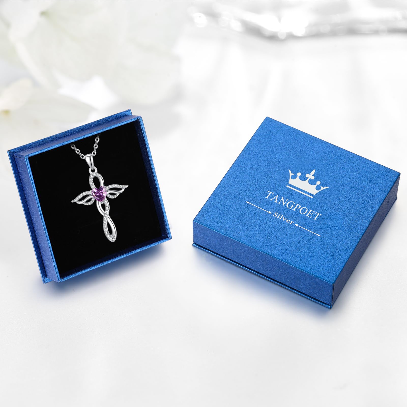 TANGPOET Engelsflügel Halskette für Frauen 925 Sterling Silber Schutzengel Anhänger, Herz Kreuz Geburtsstein Kette, Geburtstag Schmuck Geschenke für sie