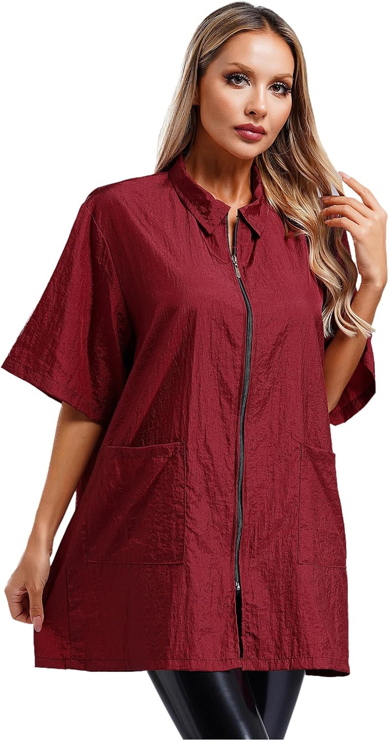 Womens Salon Hairstylist Smock Barber Haircut Jacket Big Pockets Dog Pet Grooming Work Shirt Uniform