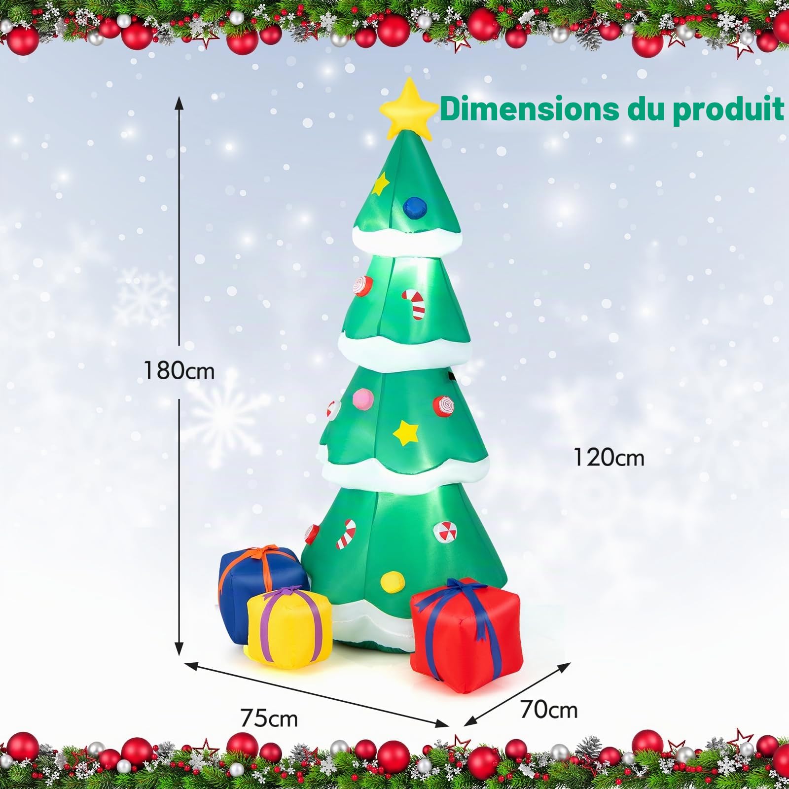 SOARS Decoration Noel, Sapin de Noel Gonflable 180 CM, avec Lumière LED et Soufflerie Intégrée, Décoration Noel Auto-Gonflable Résistant aux Intempéries, pour Cour, Jardin, Salon