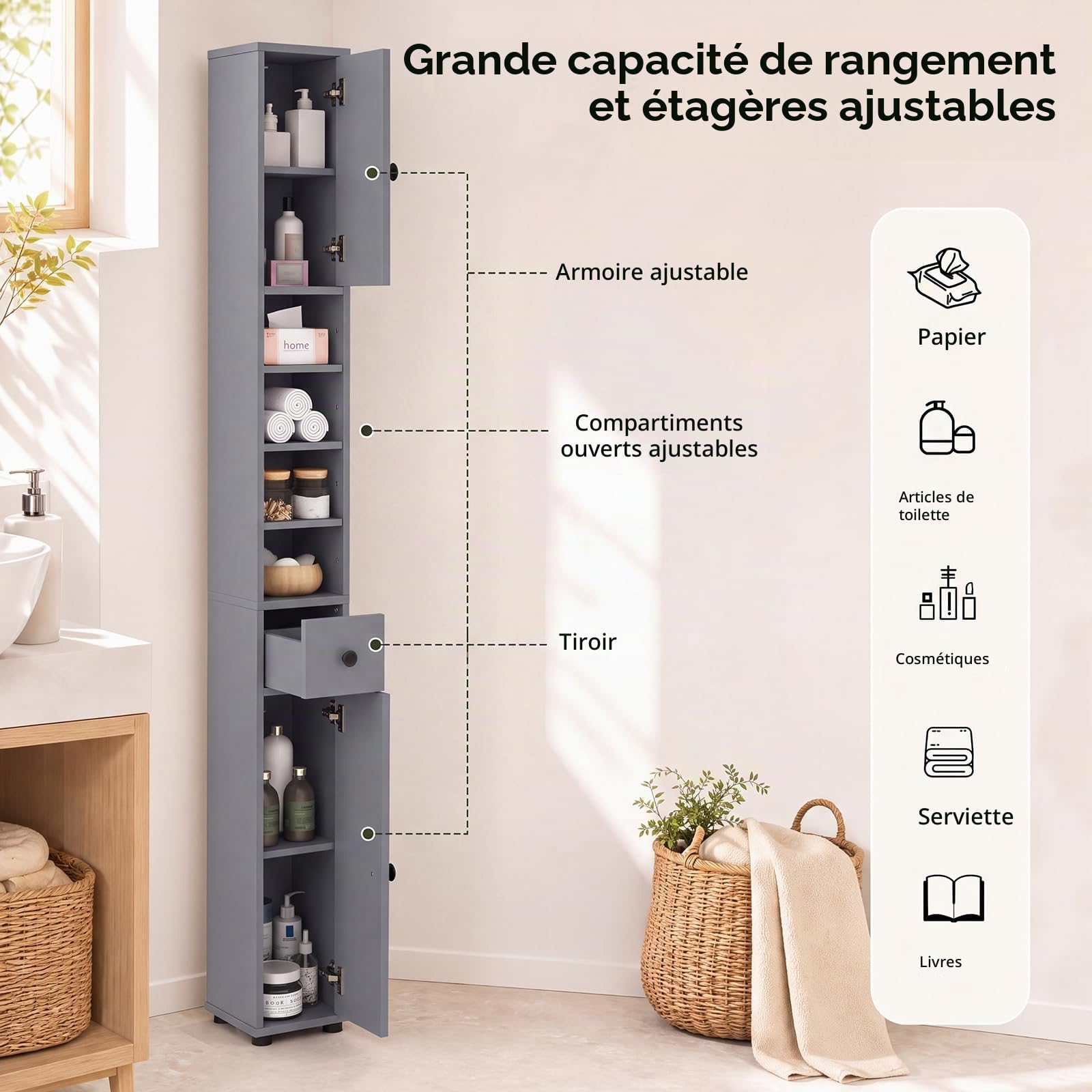 GIANTEX Colonne Salle de Bain Haute, Petit Meuble de Rangement Salle de Bain, 2 Portes, 1 Tiroir, Étagère Réglable, Meuble Rangement pour Toilette, Salon, Bureau, 20x20x180 cm(4Étagère,Gris)