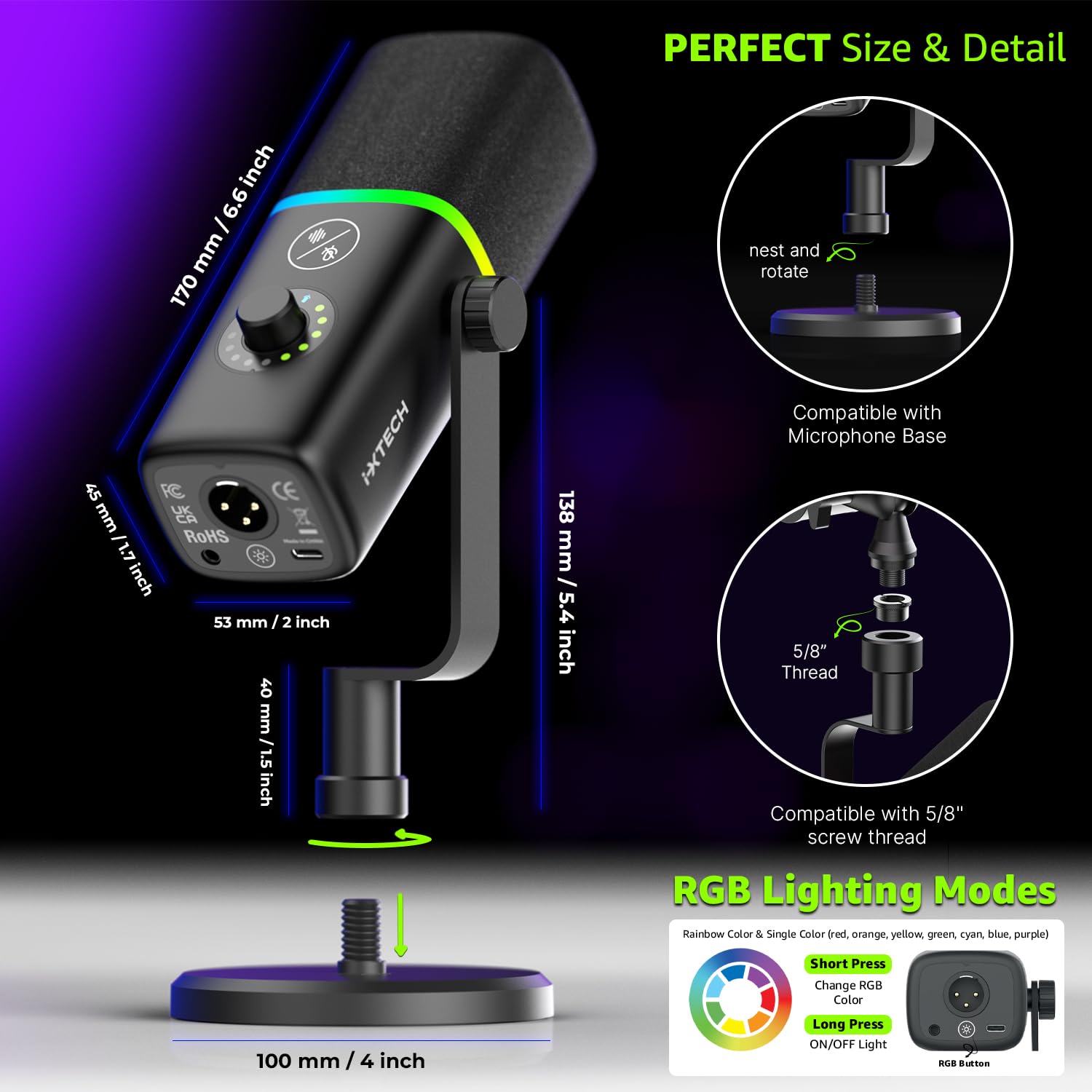 IXTECH Microfono USB da gioco per PC, con cancellazione del rumore, microfono a condensatore per podcast e streaming video, con supporto treppiede, filtro pop, supporto antiurto, controllo del