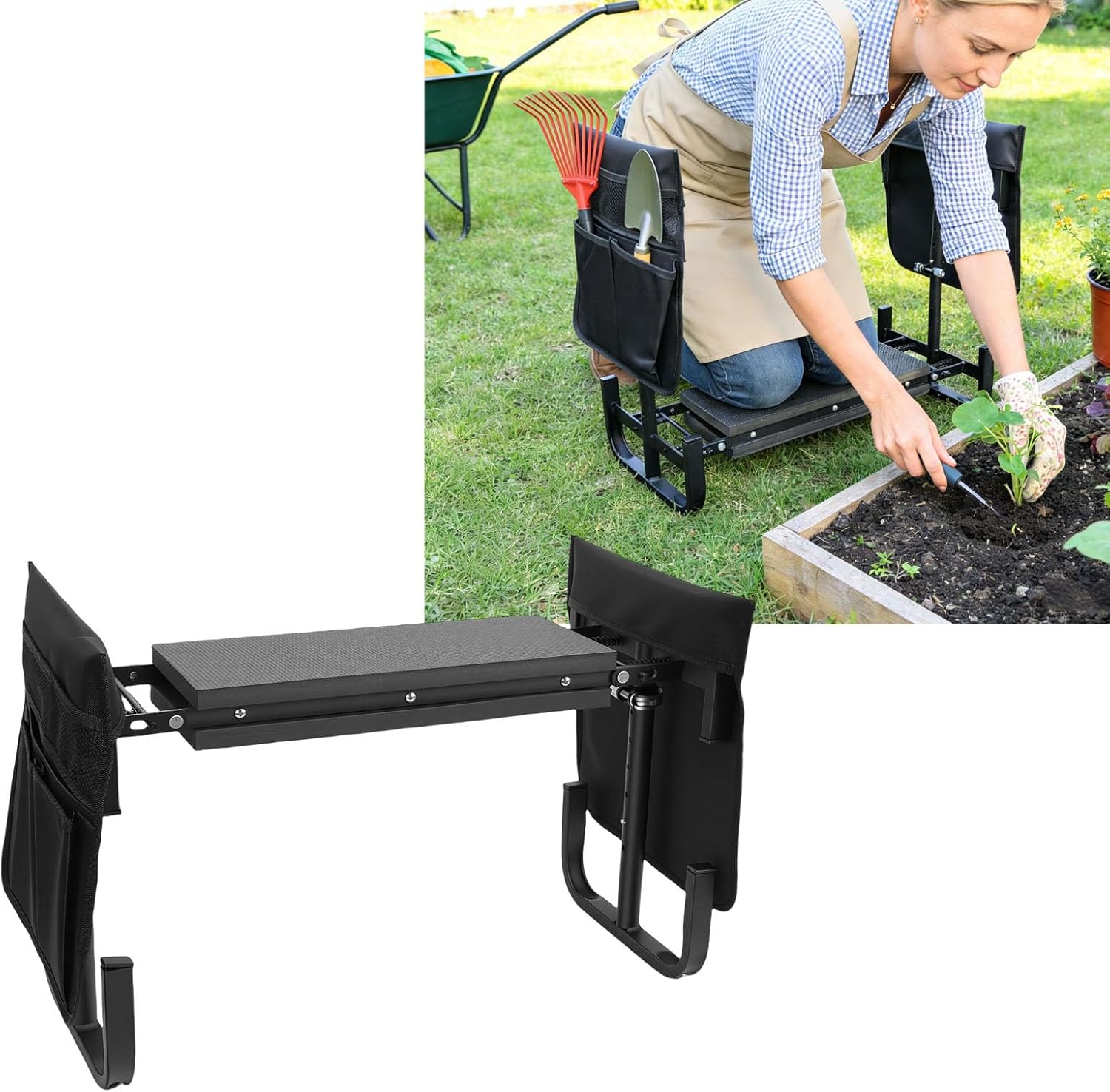 Garden Kneeler Seat, Height Adjustable Foldable Gardening Stool, for Kneeling Sitting Gardening Camping Picnics (Black)