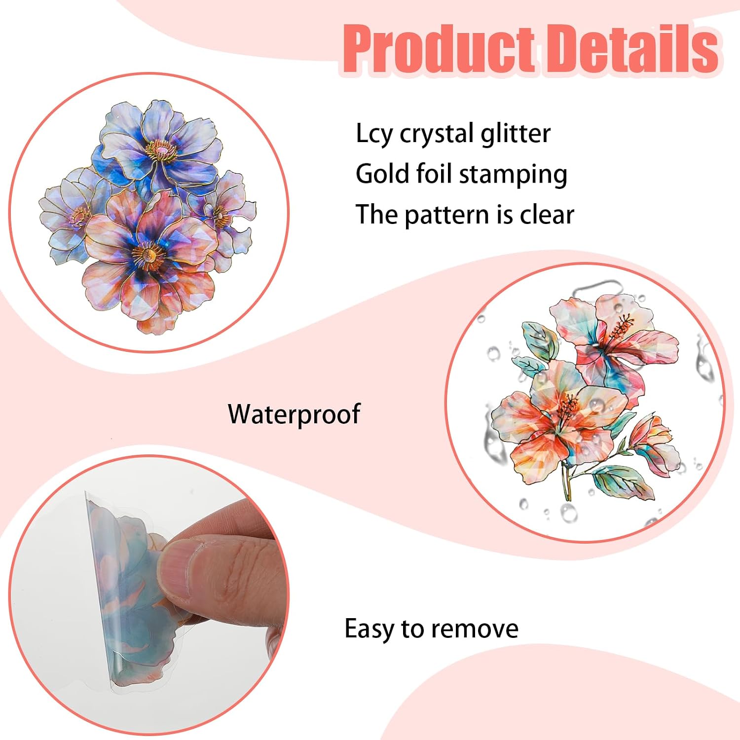Ymapinc 30PCS Glitter Flower Stickers, Sparkly Holographic Bling Decals for DIY Crafts, Scrapbook Journal Decorations, Phone Case Laptop Water Bottle Accessories