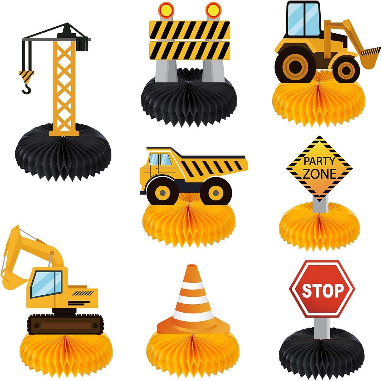 Zonon 8 Pcs Construction Birthday Party Centerpieces Supplies Decorations Honeycomb Car Truck Zone Centerpieces 3D Table Decorations for Baby Shower Birthday Construction Party Favors Supplies