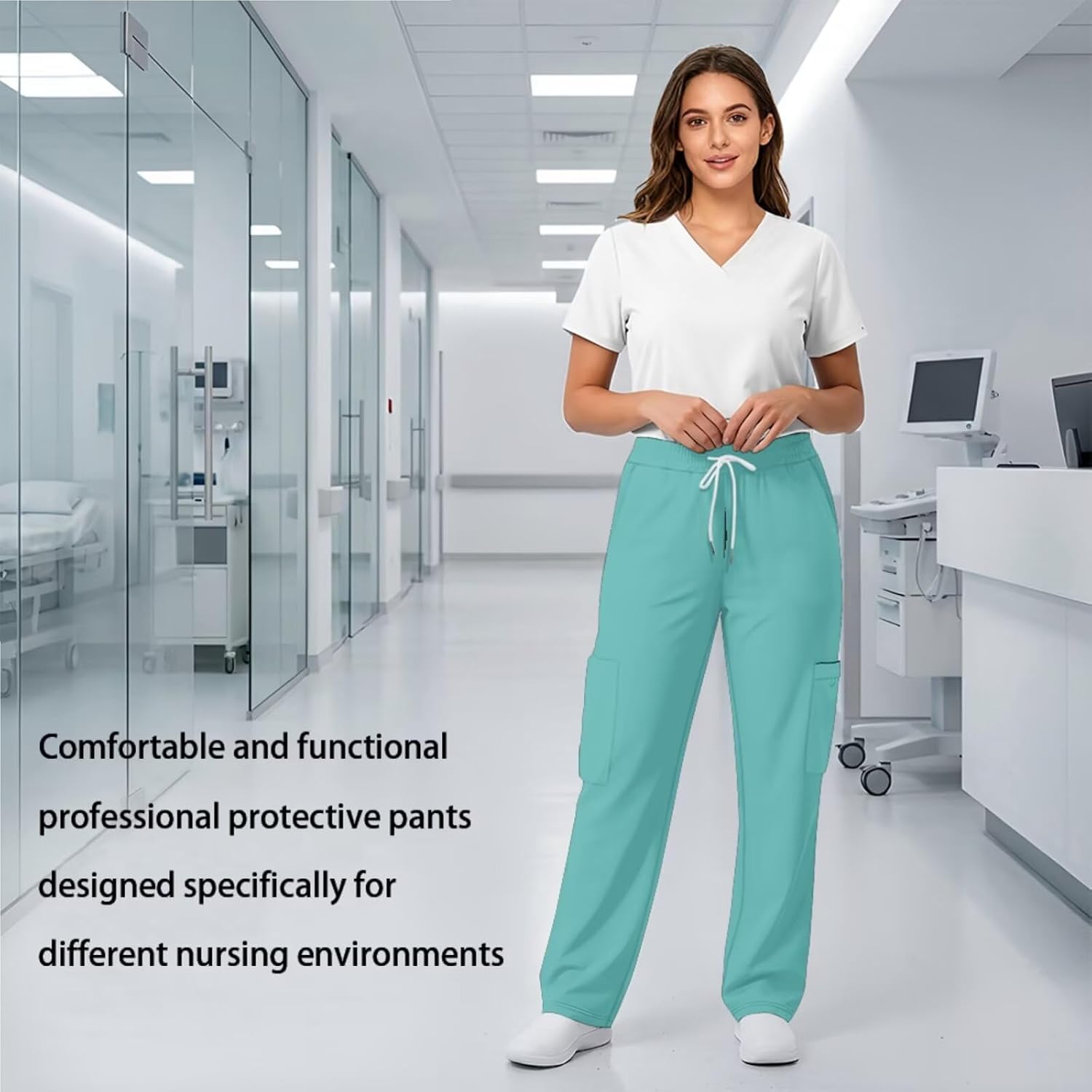 Scrubs for Women Set Medical Uniform V Neck Short Sleeve Top and Straight Jogger Pants with Six Pockets Workwear