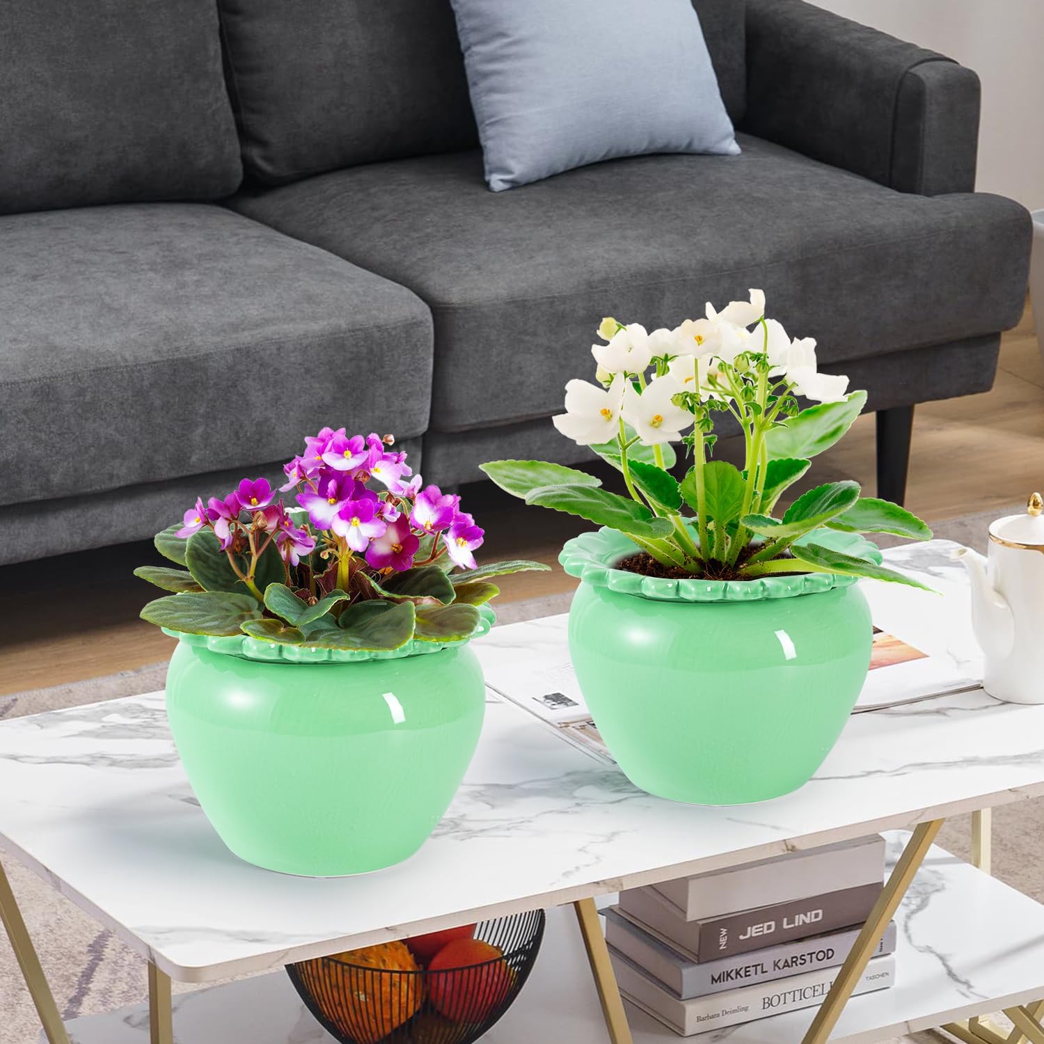 African Violet Flower Pot Ceramic Self Watering Planter Pot 6.5 * 4.6 * 4 inch Simple Plant Self Watering Pot Green Indoor Flowers High Absorption Herbaceous Flower Pots Modern