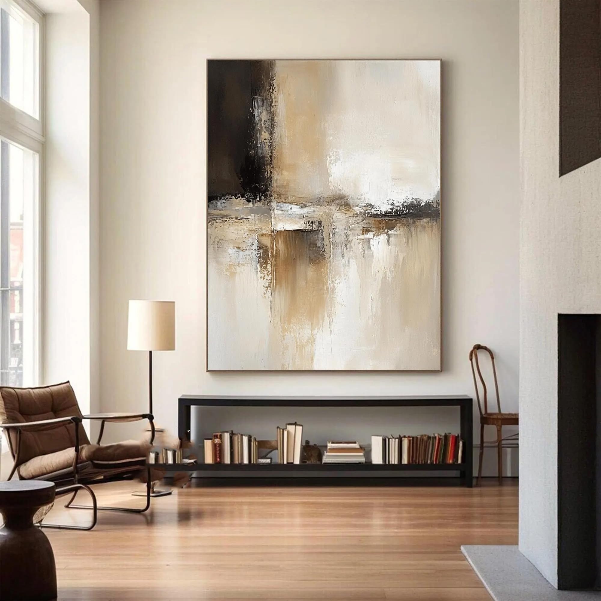 UUDEZO Large Brown Beige Wall Art Original Black Abstract Painting Beige Canvas Picture Brown Bedroom Decor Poster(80x100cm(31x39inch)/with Frame)