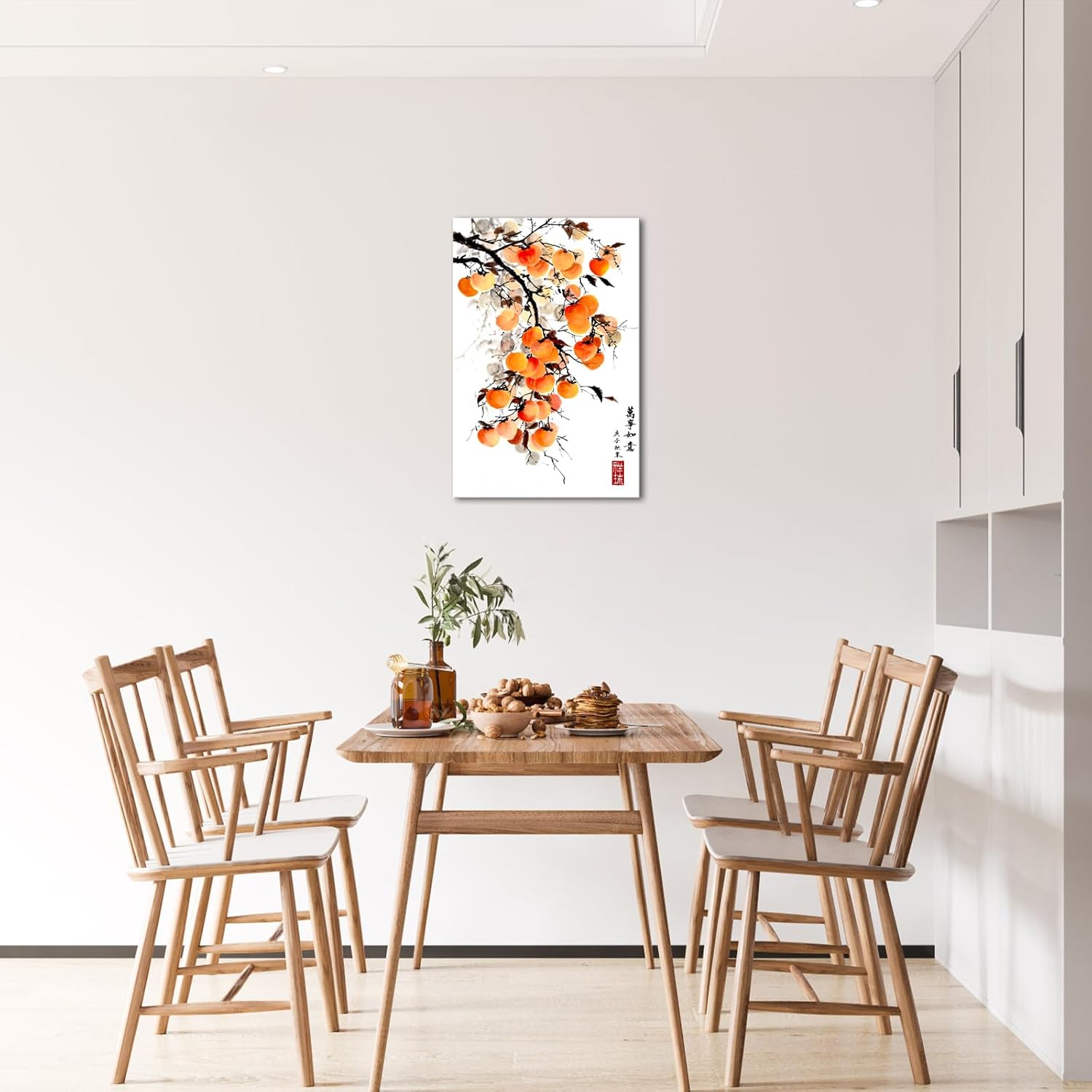 Canvbay Asian Wall Art Traditional Chinese Ink Style with 'May everything go as you wish' Quote Canvas Prints Persimmon on Branch Painting Pictures Oriental Poster Framed for Home Decor 24x36inch