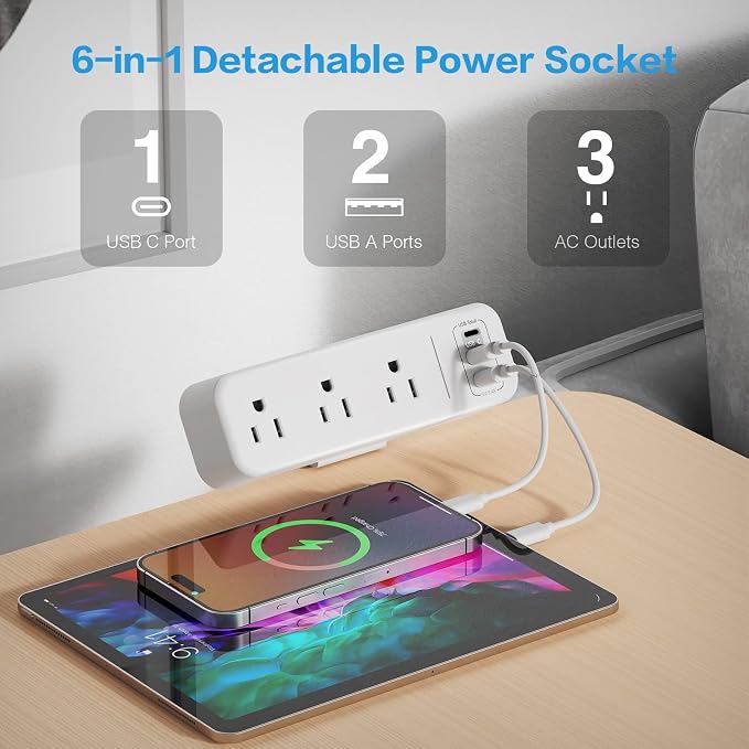 Regleta de alimentación para escritorio con abrazadera, 3 tomas, cable extensor plano de 6.5 pies, puerto USB-C, color blanco miniatura 3