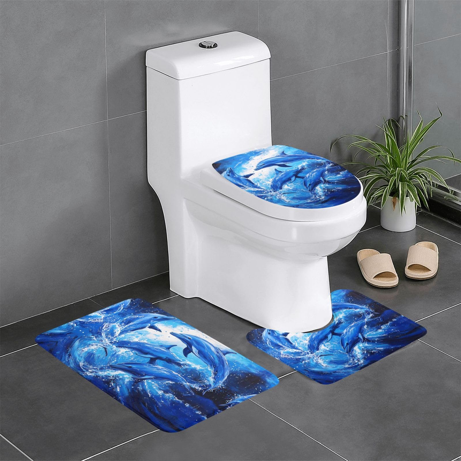 Tapis de salle de bain dauphin bleu lot de 3 pour toilettes et coiffeuse