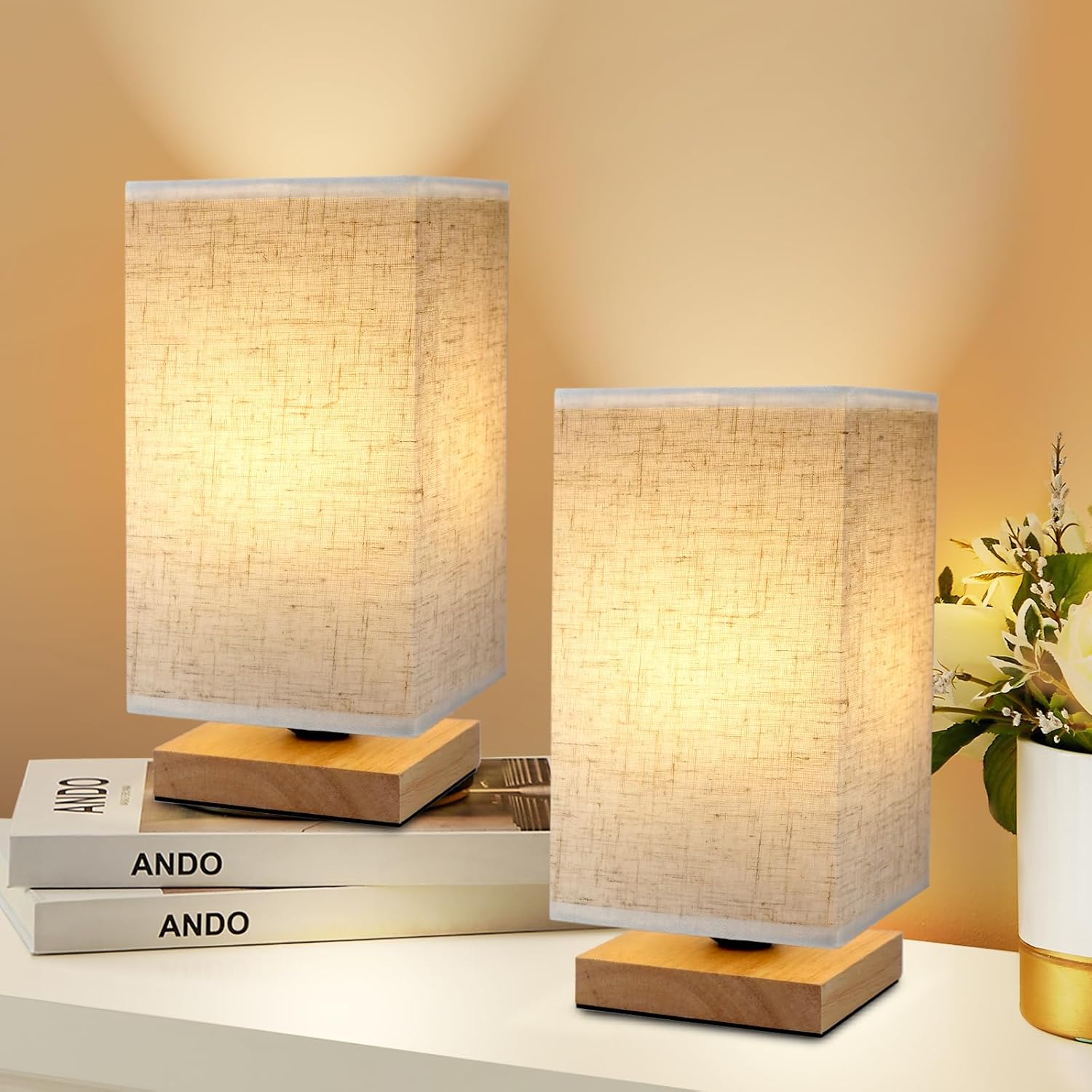 Doopoo Small Bedside Table Lamps Set of 2, Nightstand Lamp with Square