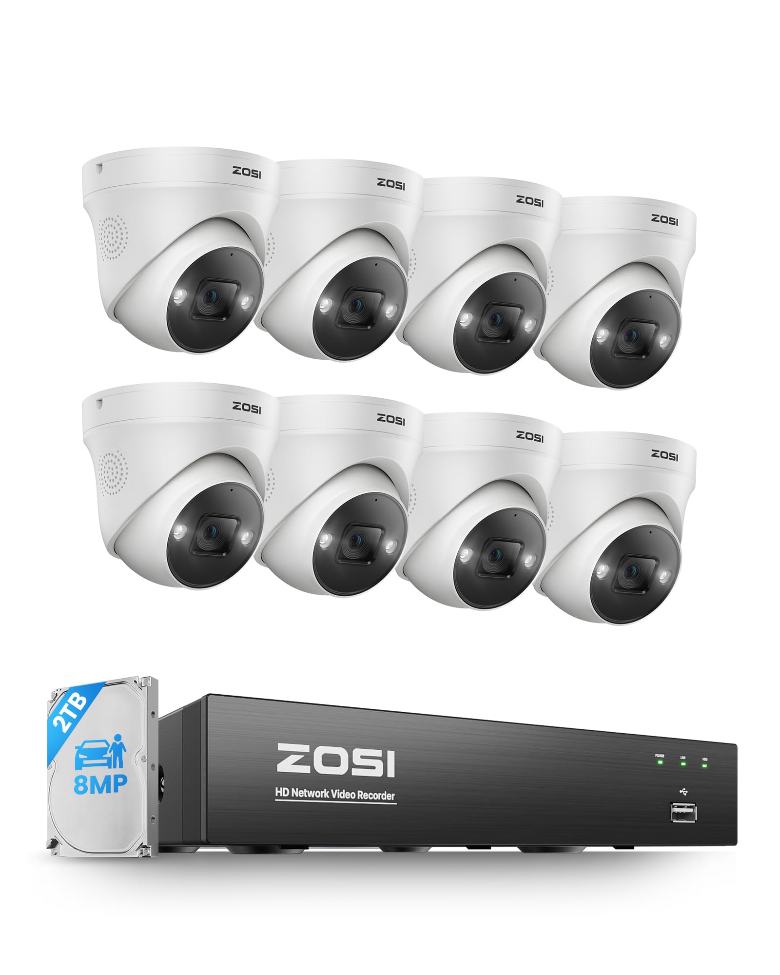 ZOSI 4K Security PoE Camera System with Person Vehicle Detection,8pcs 4K Outdoor Indoor IP Cameras,2 Way Audio,Night Vision,Sound Light Alarm,8 Ports