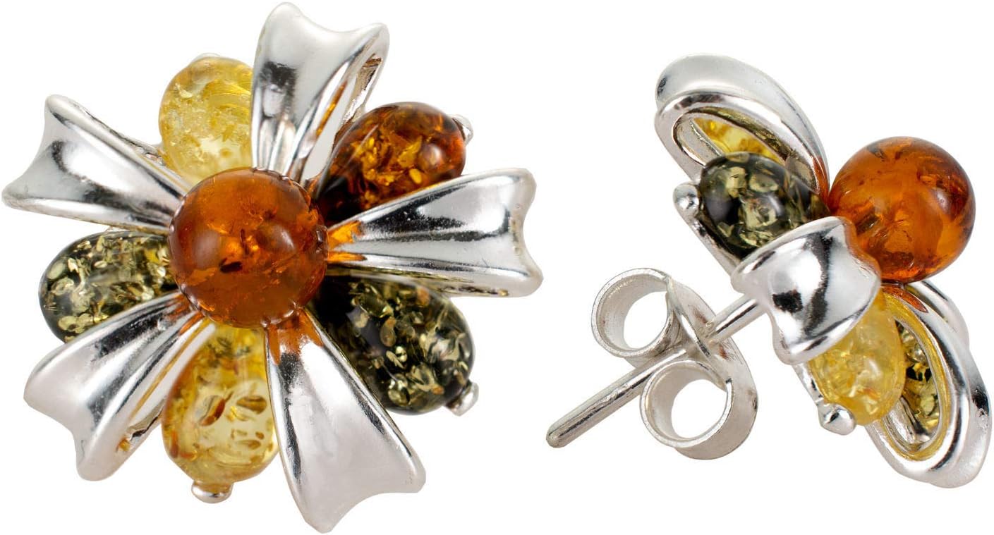Amber Earrings - Baltic Multicolored Amber Dangling Earrings "Clemence", Hypoallergenic Earrings - Sterling Silver Jewelry Collection