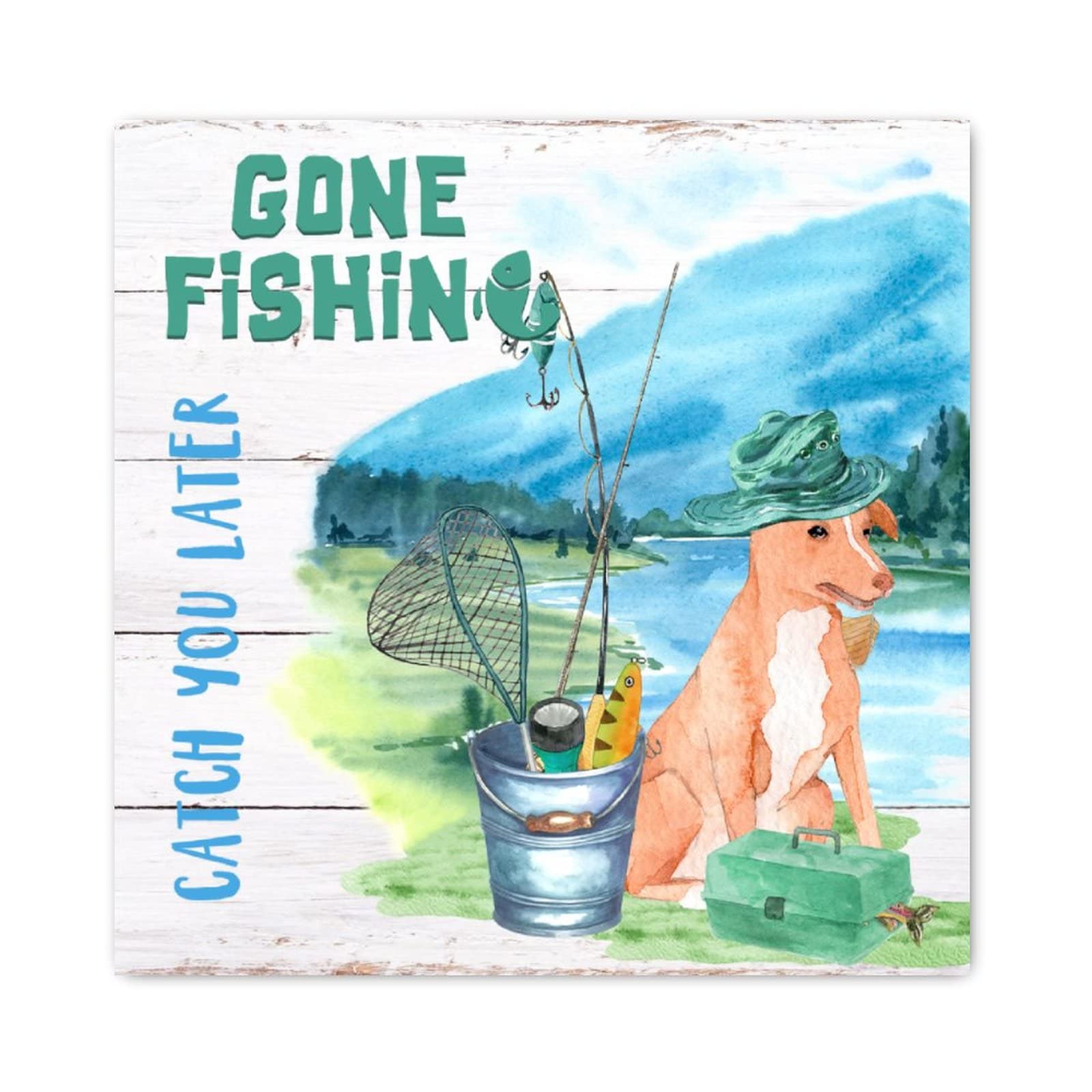Letrero de madera Gone Fishing de Gran Danés decorativo para pared de casa y cocina 30x30 cm