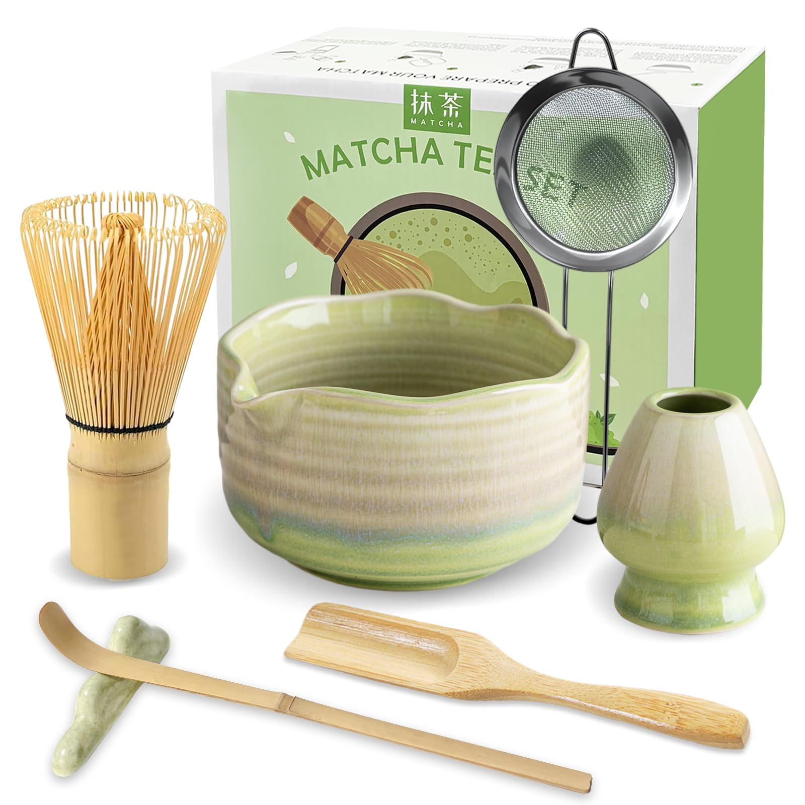 JBER Matcha Set, Matcha Whisk Set 7 Pcs - Bamboo Matcha Whisk, Ceramic Bowl with Spout, Matcha Tea Set for Making Latte, Complete Matcha Kit Gift for Matcha Lovers, Gradient Yellow-Green