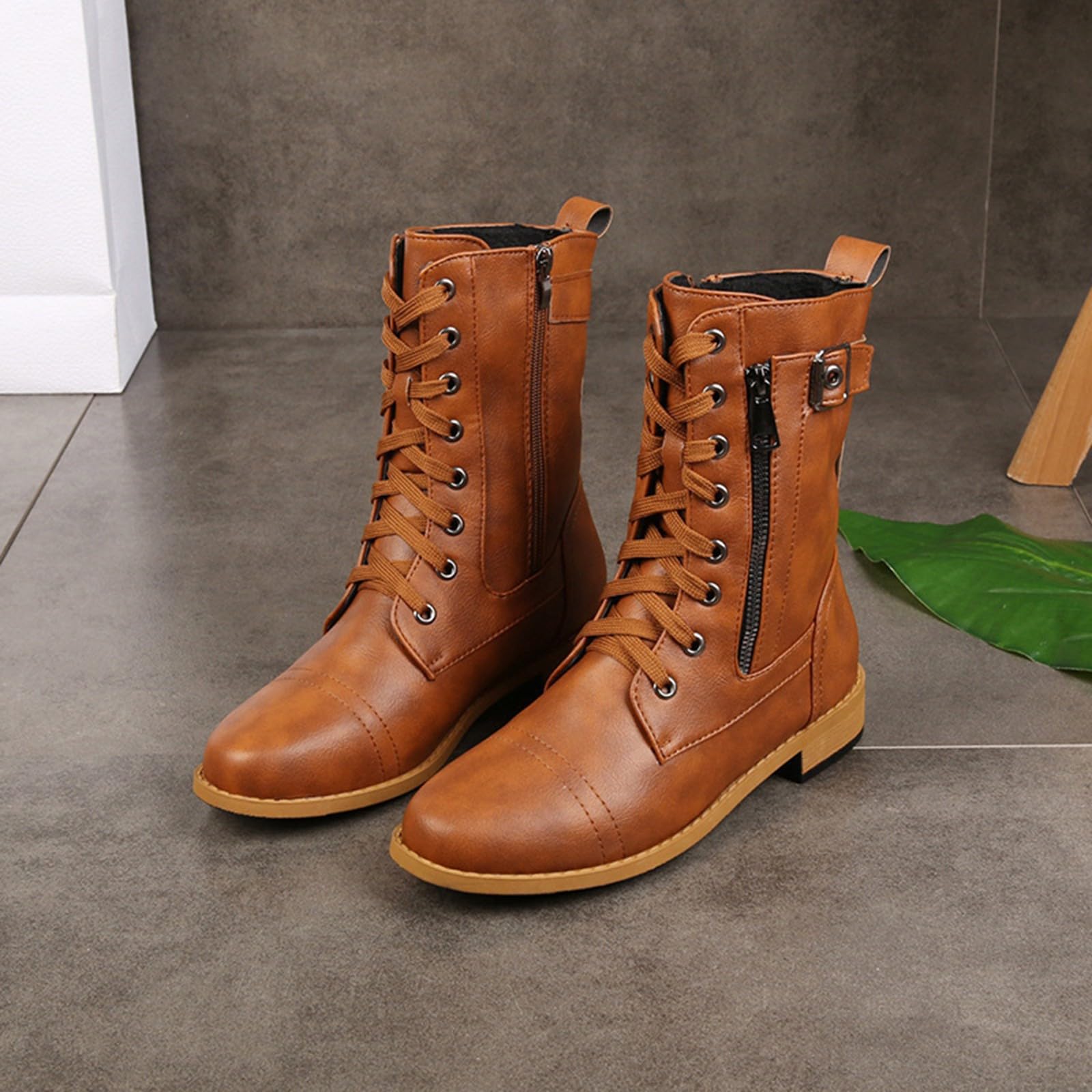 Generisch Elegante Stiefeletten Weibliche Stiefel Militärische Kampfstiefel PU Leder Stiefele Damen High-Top Warme Schnürstiefel Flache Schuhe Schnürstiefeletten mit Reißverschluss Herbst Winter