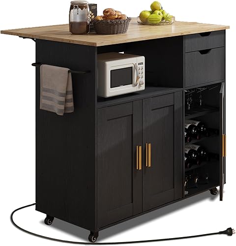 Miniatura 10 de Isla de cocina móvil rodante con almacenamiento y hoja caída, mesa de isla con toma de corriente y rueda de encimera (negro, modelo 1.2)