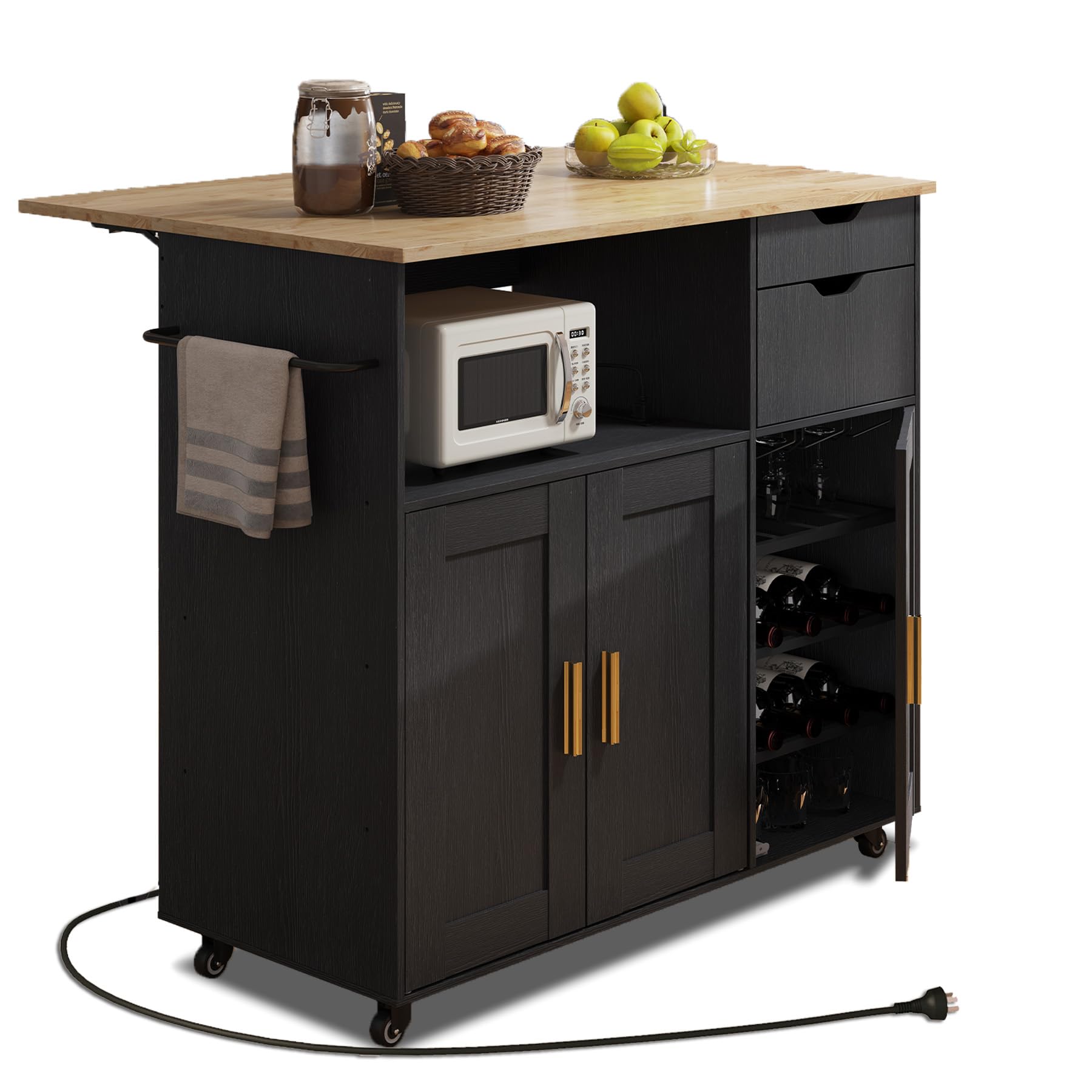 ASTRONAPE Rolling Mobile Kitchen Island Cart with Desktop Drop Leaf Countertop, Island Table Storage with 5 Wheels, Rolling Kitchen Cabinet with Power