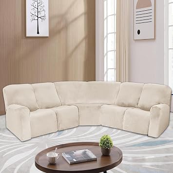 ele ELEOPTION Sectional Recliner Cover Velvet Stretch Recliner Sofa Covers 5 Seat Corner Reclining 7-Piece L Shaped Couch Cover Slipcovers Furniture Protector Soft Washable Beige