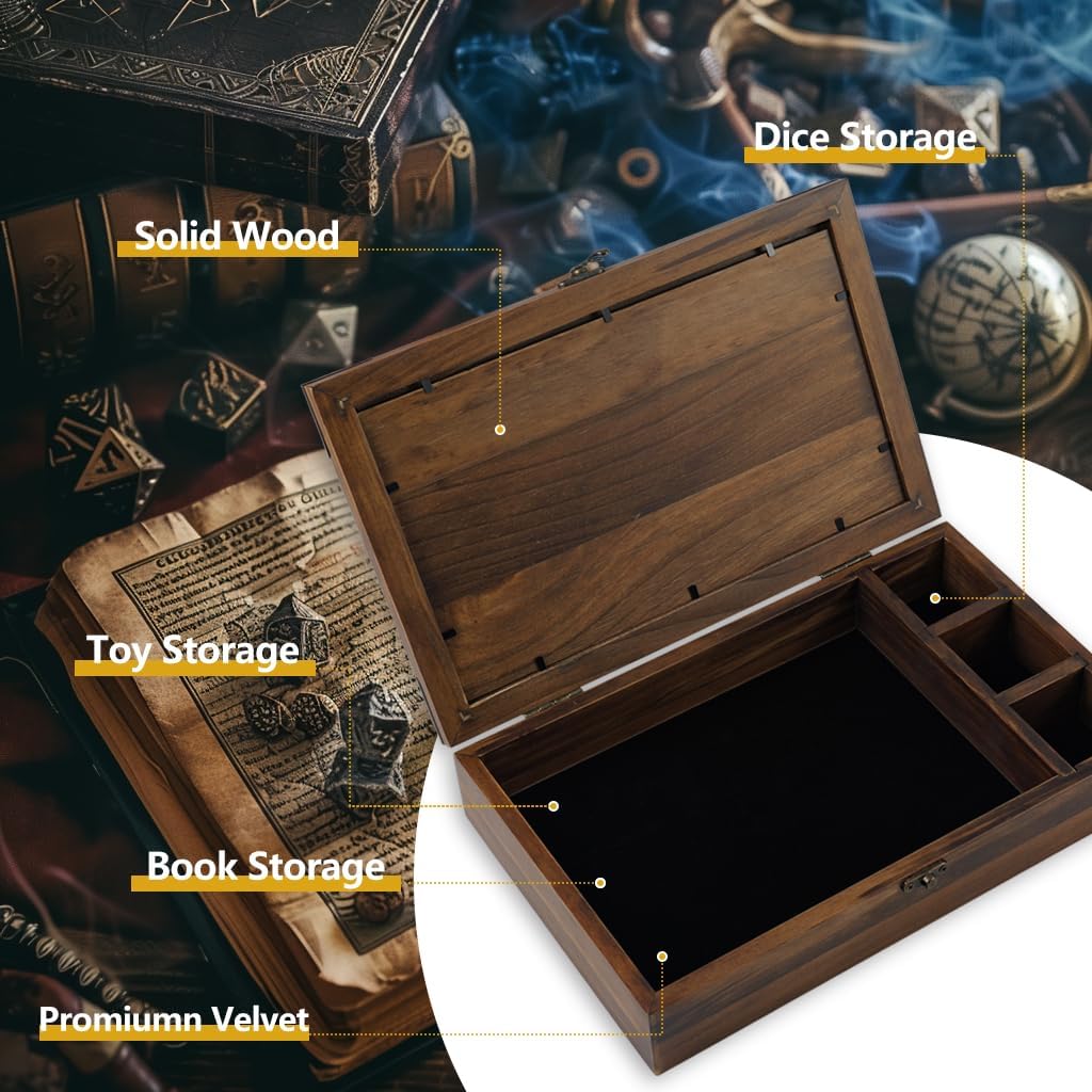 2 In 1 Dnd Dice Box Metal Dice Wooden Box with DND Notebook For Rolling & Storage Organizer RPG Table Games Dice Tray Dungeons & Dragons Players Or Metal Polyhedral Dice Collectors Case(Flame)