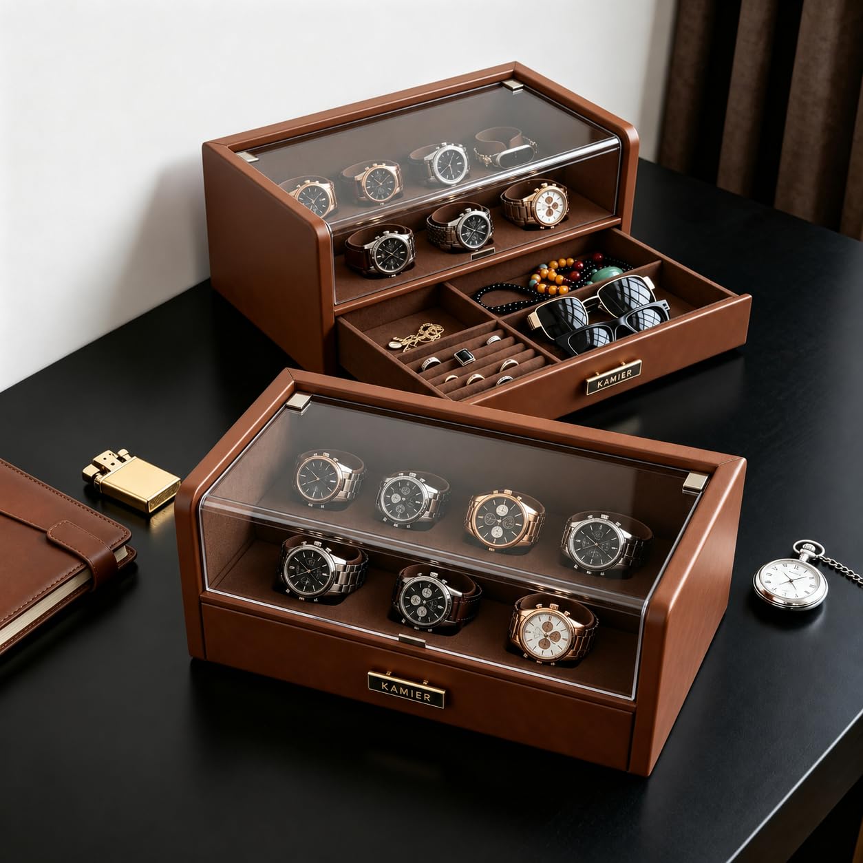 KAMIER Boîte à Montres à 7 Emplacements, Vitrine à Montres en Cuir PU | Avec Couvercle en Verre & Tiroir, Doublure Intérieure en Velours Doux, Rangement Premium pour Montres, Lunettes et Bijoux