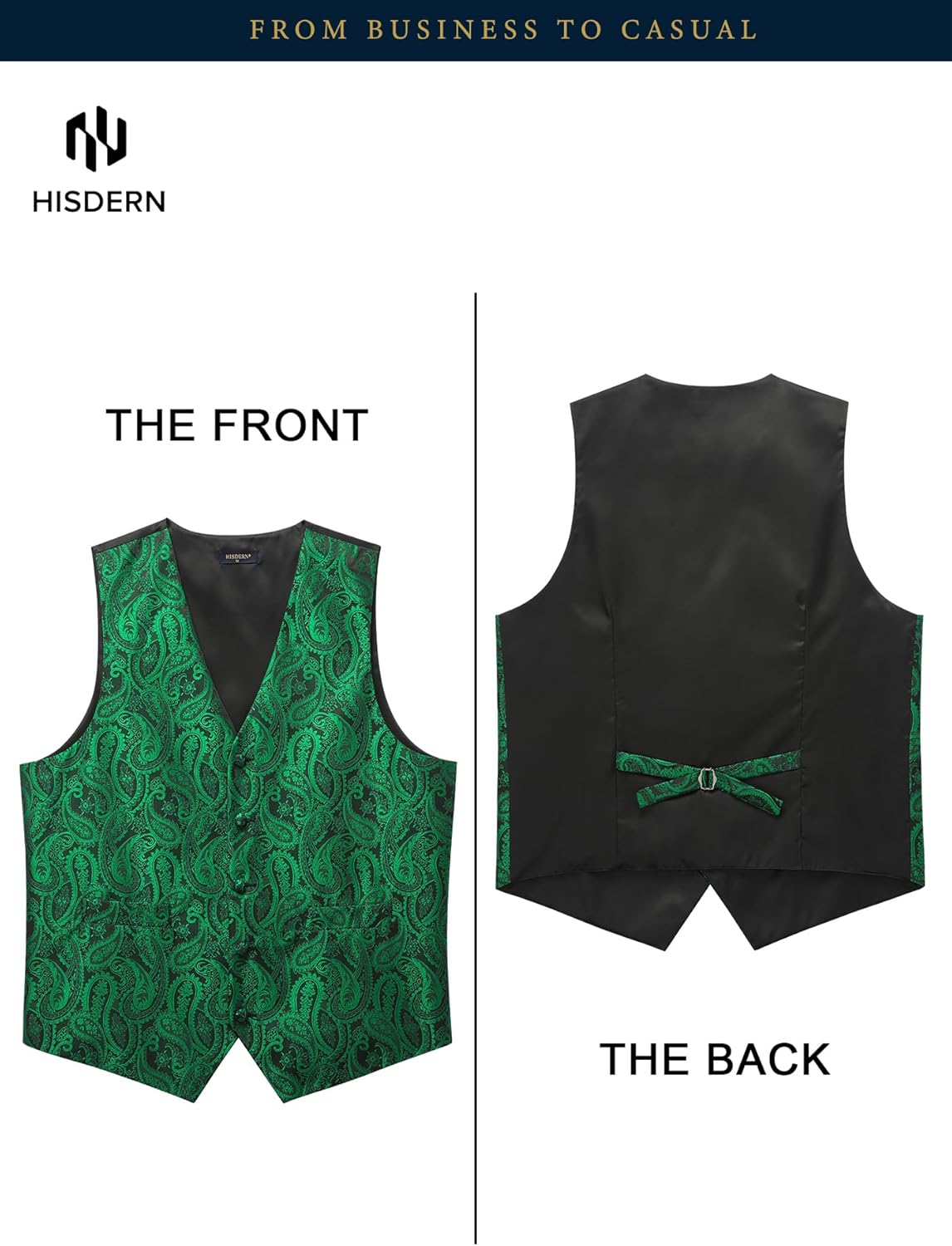 HISDERN Green Suit Vest 3PC Floral Paisley Jacquard Mens Vests and Tie Pocket Square Set Formal Business Tuxedo Waistcoat for Wedding Party - Image 3