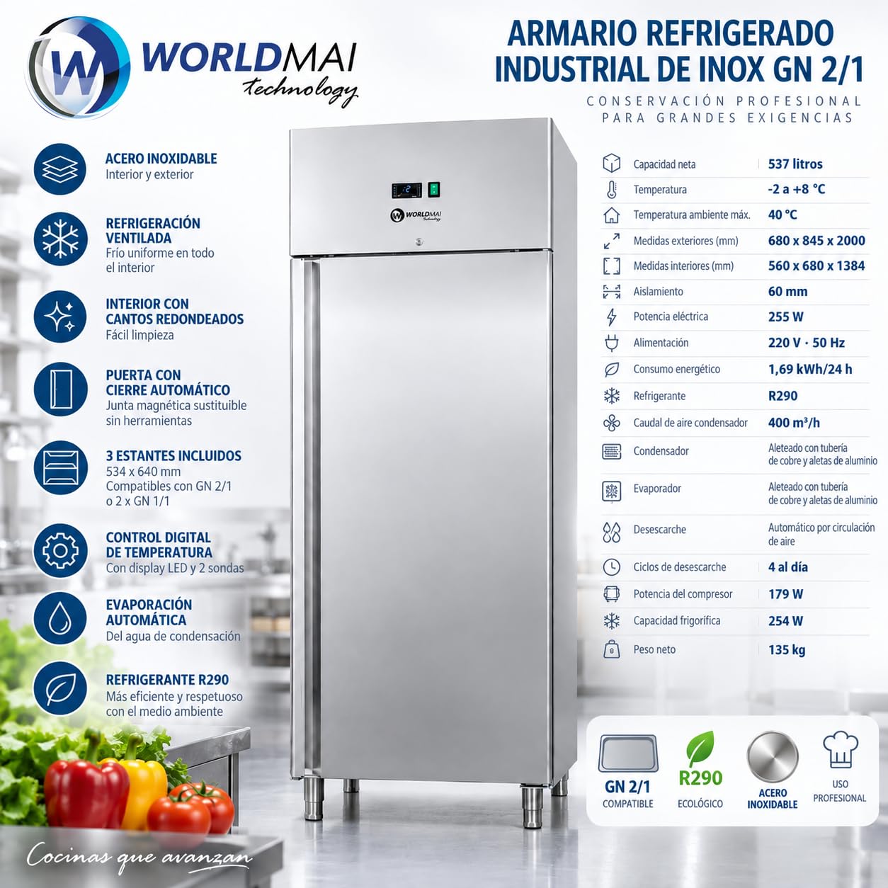 Frigorífico Industrial INOX GN 2/1 600L para Hostelería. Armario Refrigerado Profesional Vertical para Bar y Restaurante